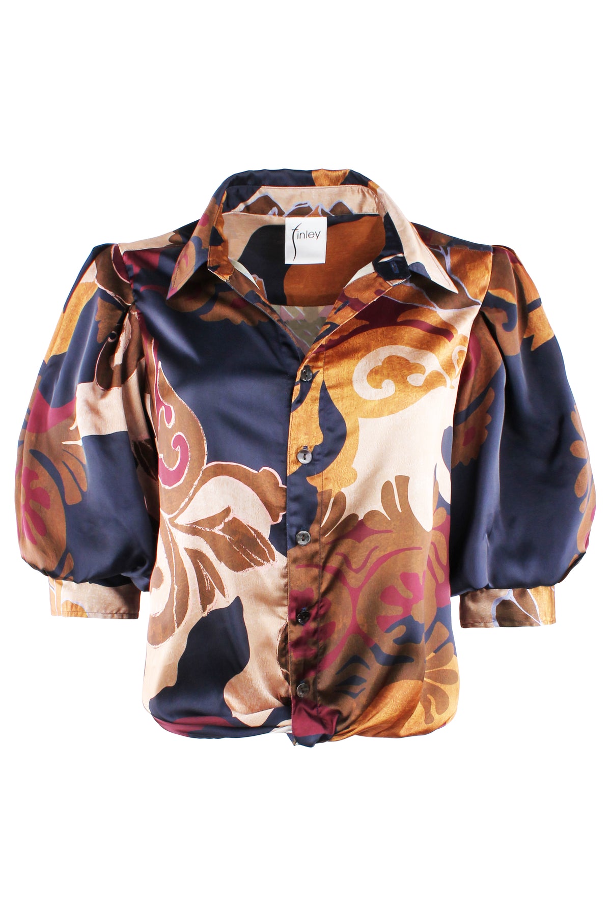 A women's long-sleeve button-up shirt with puff sleeves, featuring an abstract, painterly pattern in navy blue, beige, brown, orange, and pink on a white background.