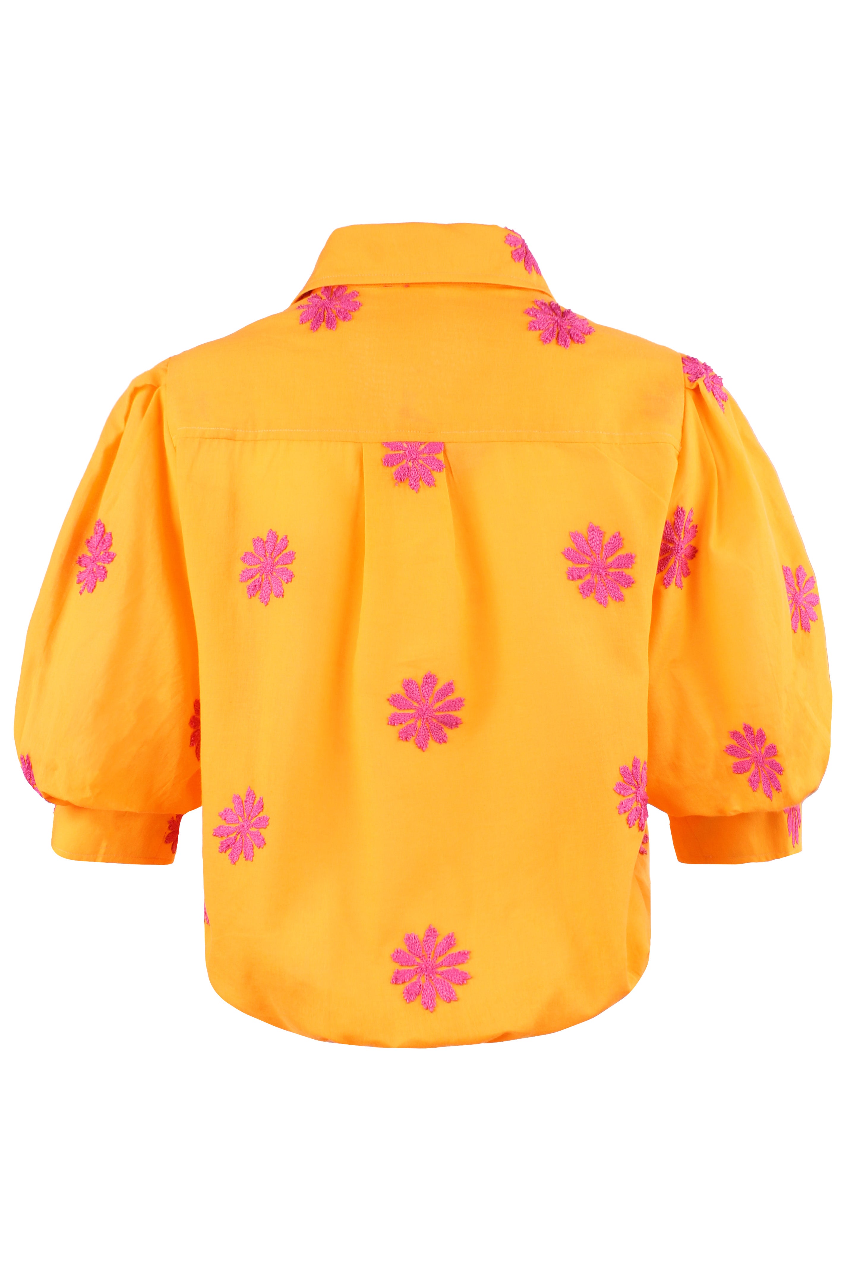Bomba Twist-Hem Short Sleeve Shirt, Pink Floral Embroidery