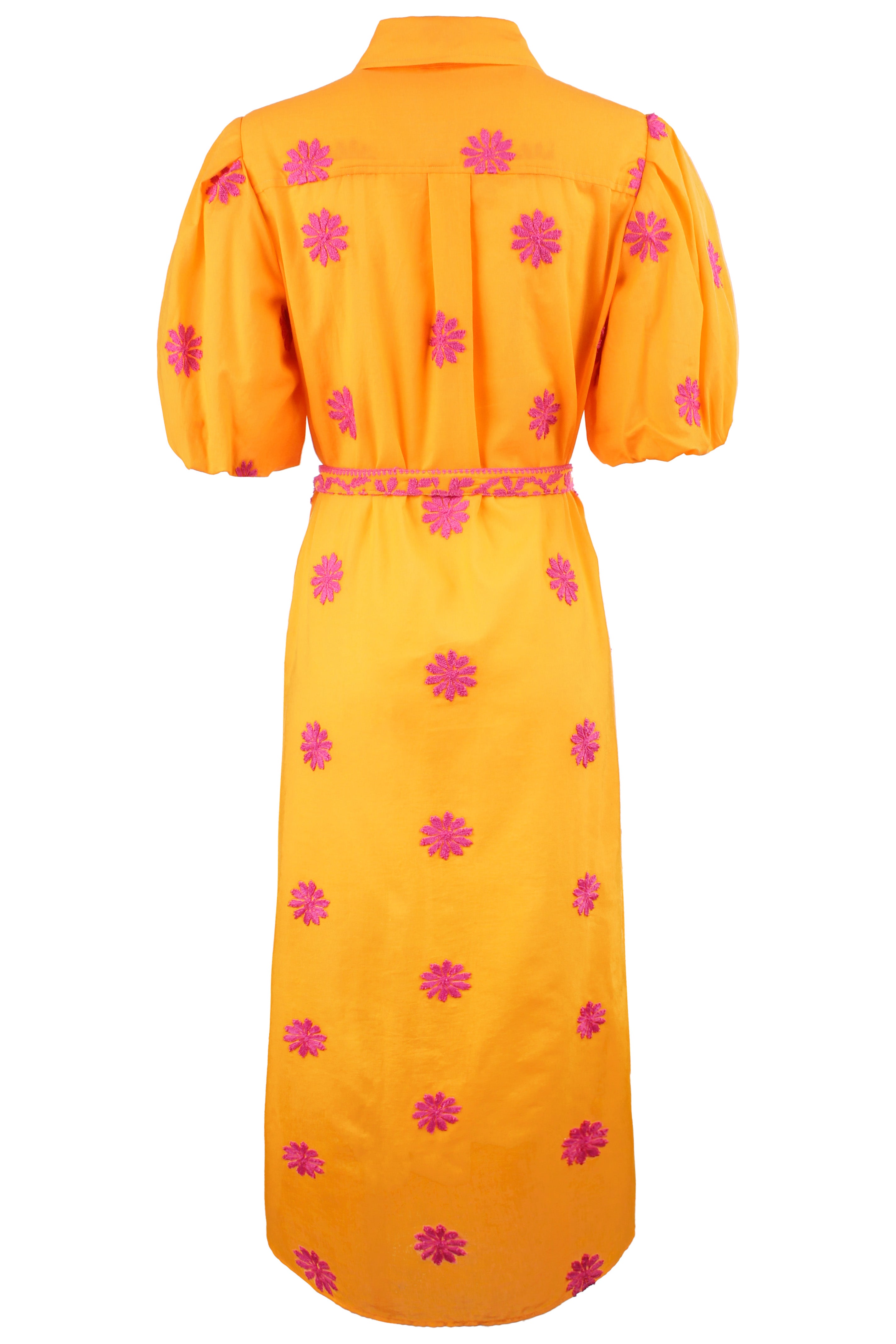 Orange dress with pink floral patterns on a white background