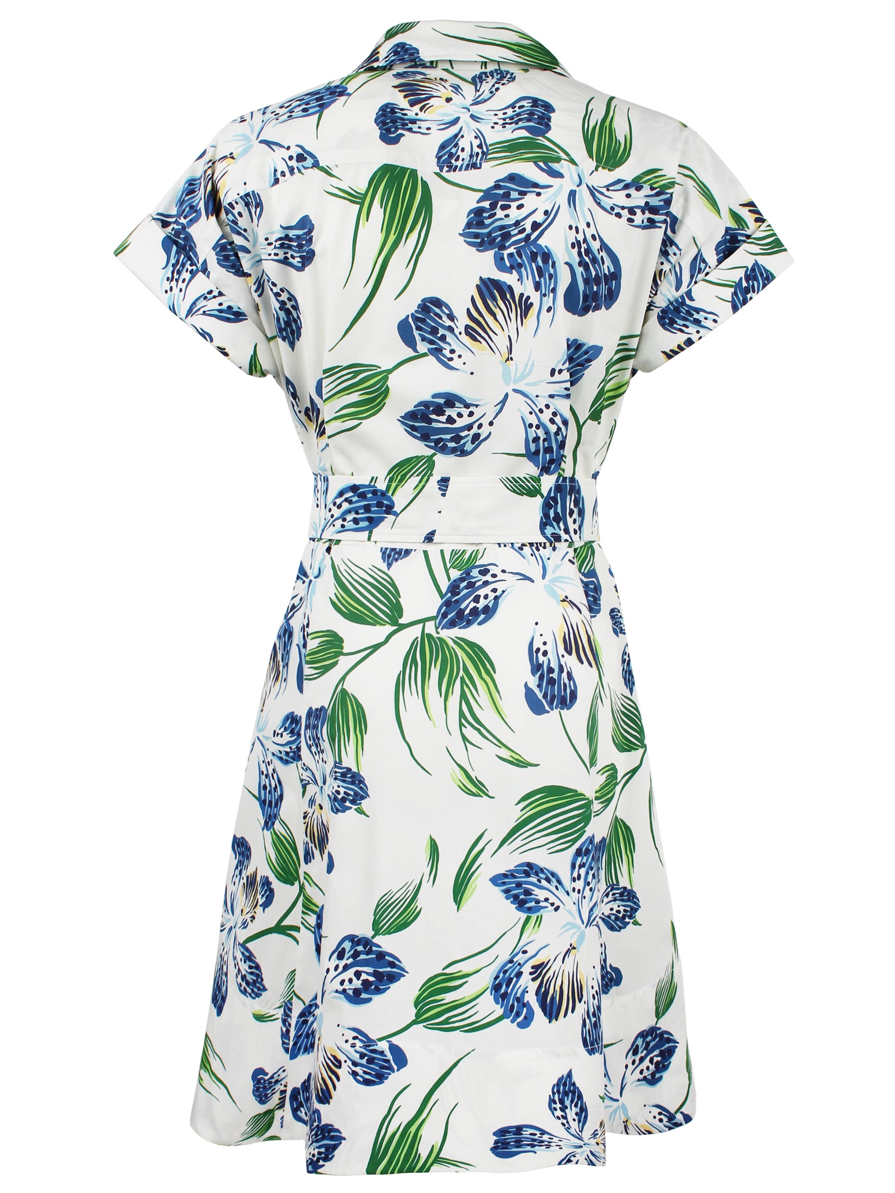 Back view of a blue & green white floral maxi dress with a tie-front belt.