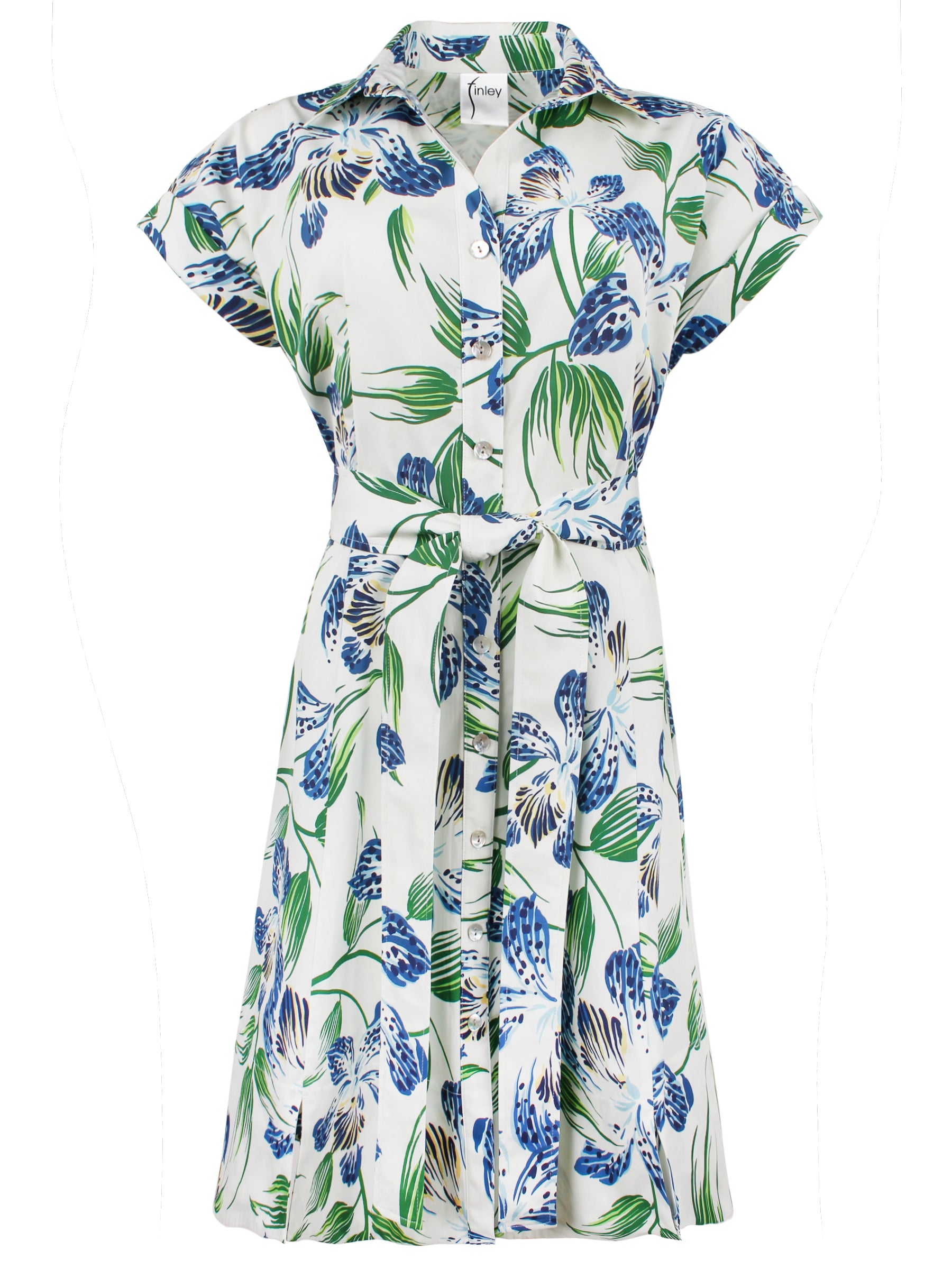 Front view of a blue & green white floral maxi dress with a tie-front belt.