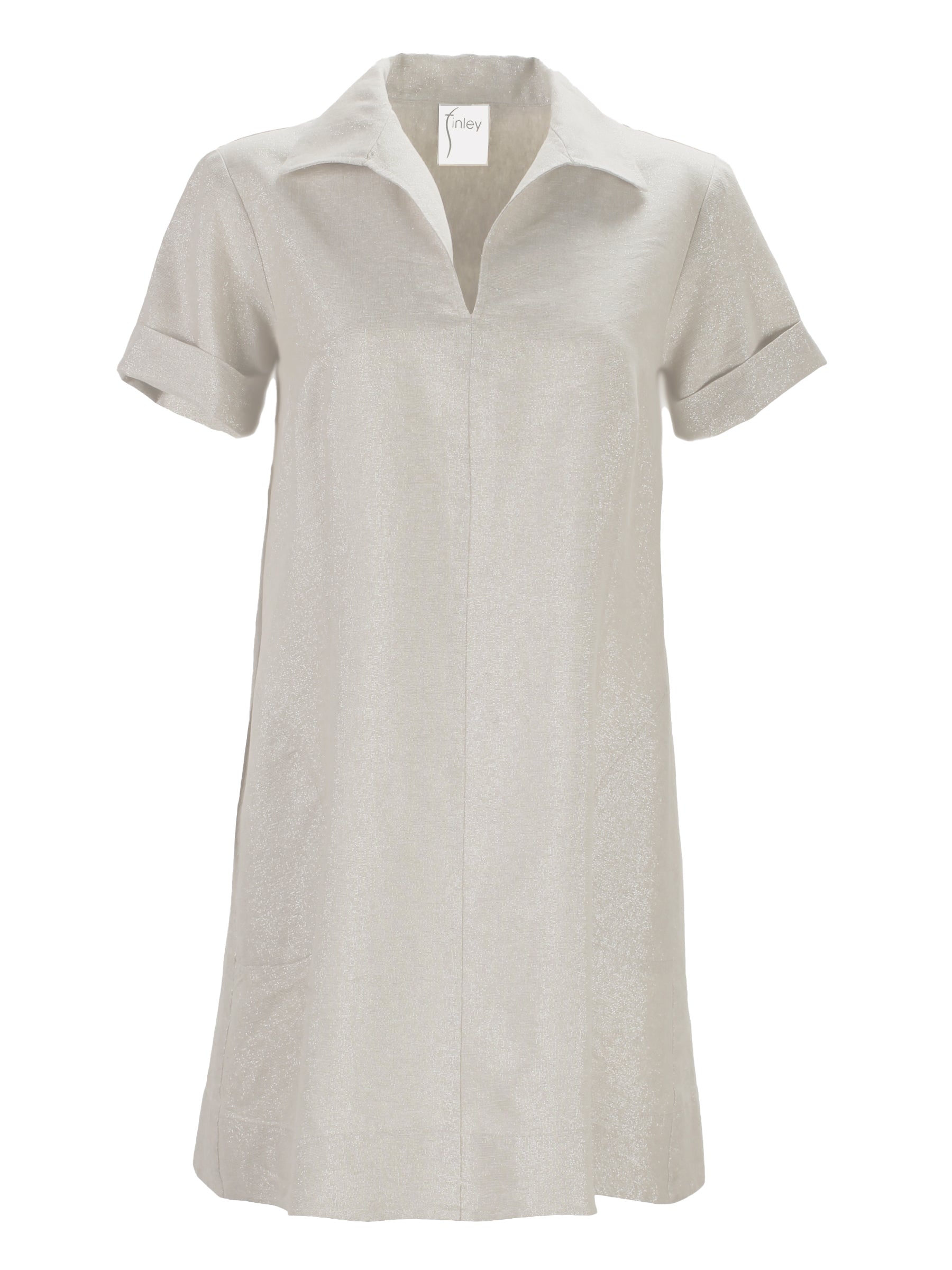 A front view of Finley Marcia dress, a blush pink washed linen short-sleeve v-neck shirt dress.
