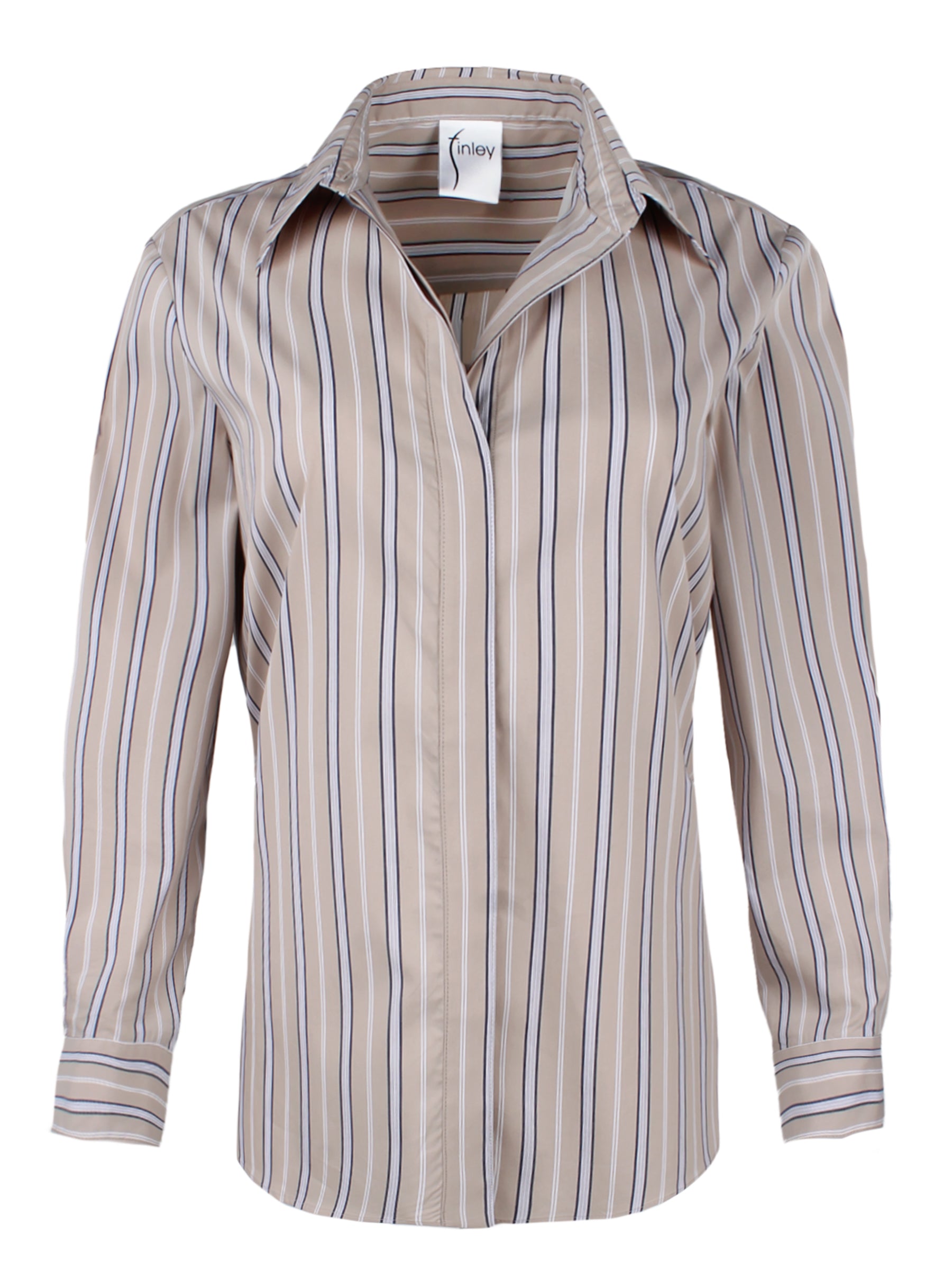 A front view of the Mason blouse, featuring tan, black & white stripes, a relaxed fit, rounded hem, and long sleeves.