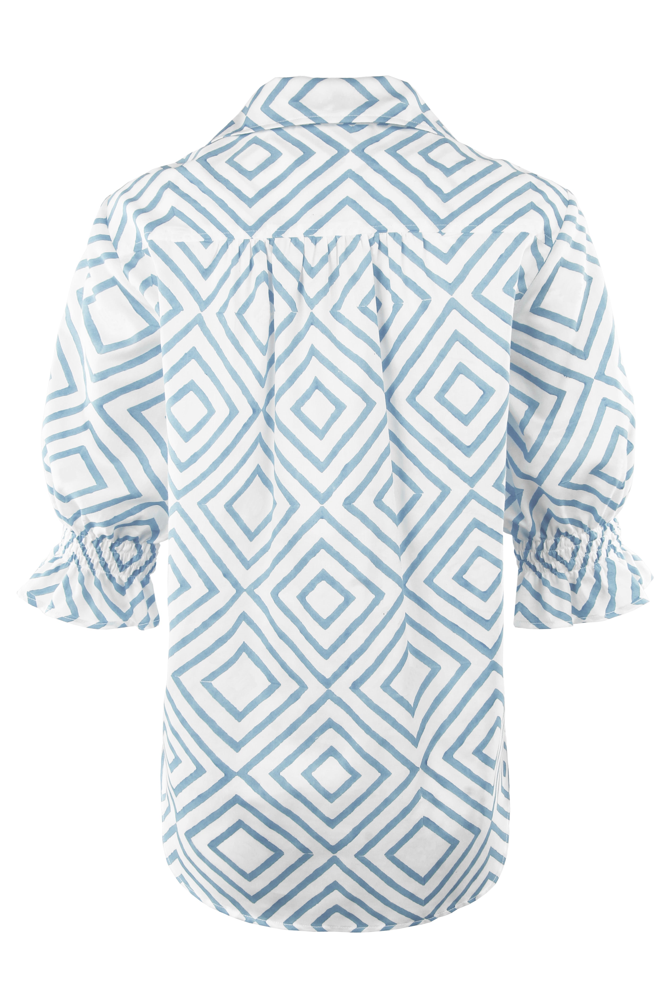 MENDED Sirena Short Puff Sleeve Blouse, Blue Diamond Print