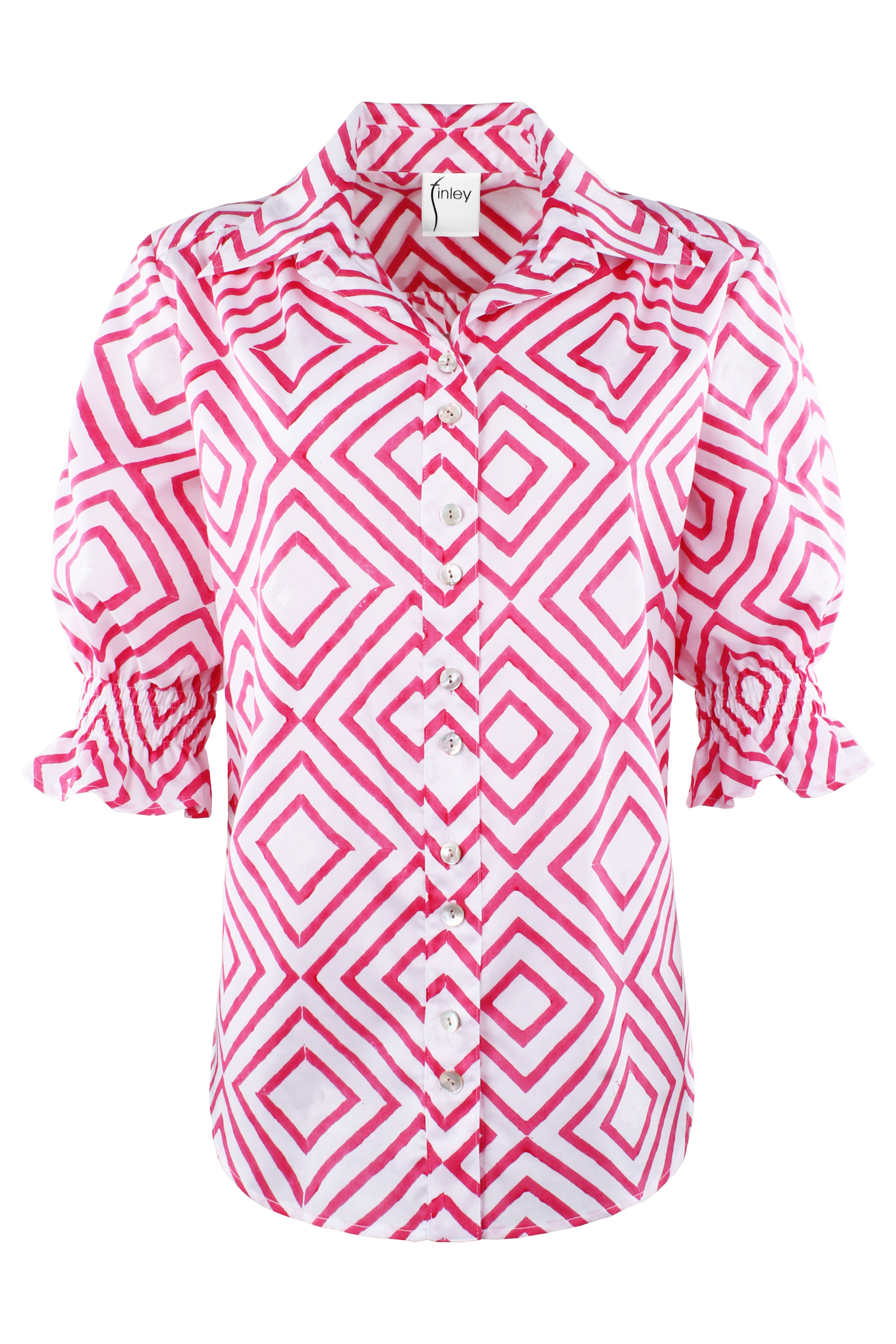 MENDED Sirena Short Puff Sleeve Blouse, Pink Diamond Print