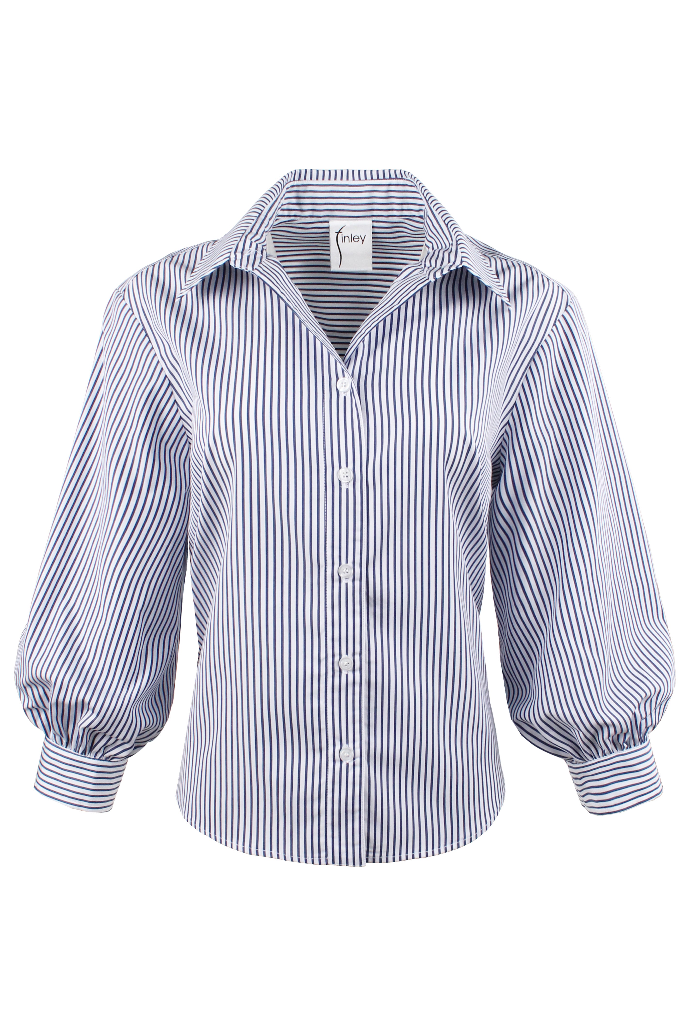 Blue and white striped shirt on a white background