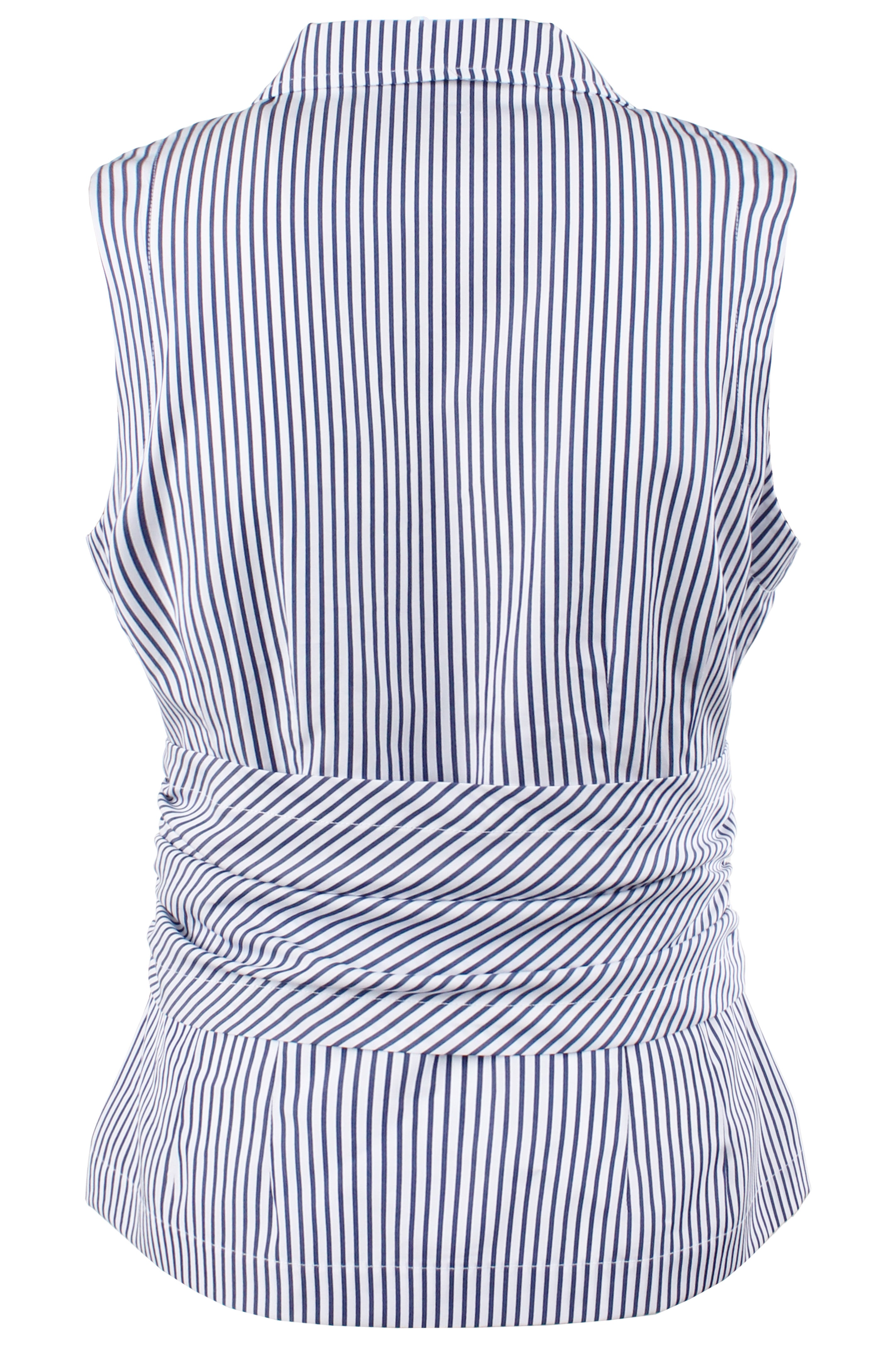 Blue and white striped sleeveless top on a white background