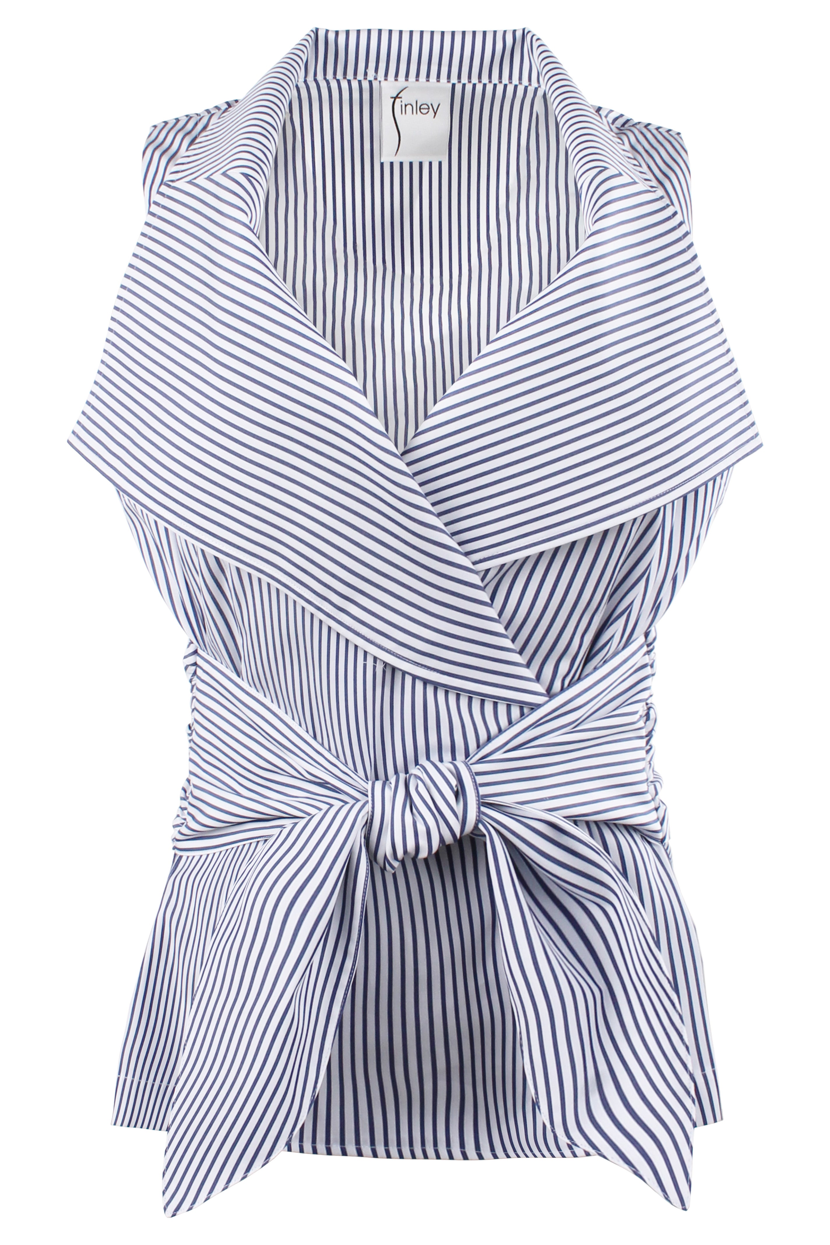 Blue and white striped sleeveless top with a knot detail on a white background