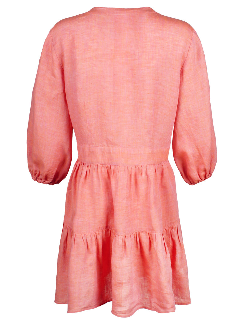 A back view of the Finley Mia dress, a washed linen long-sleeve button dress with a relaxed fit and a dusty pink color.