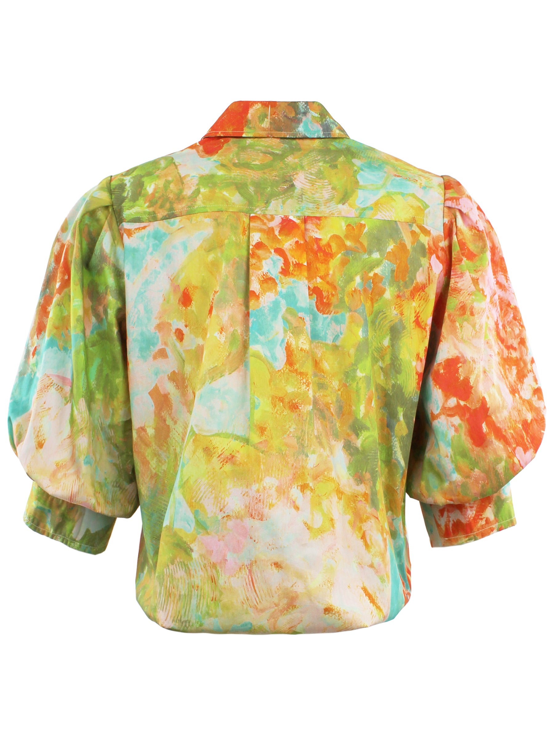 Back view of Finley Bomba Monet floral print cotton shirt with box-pleated back yoke and elasticized hem. Cropped style.