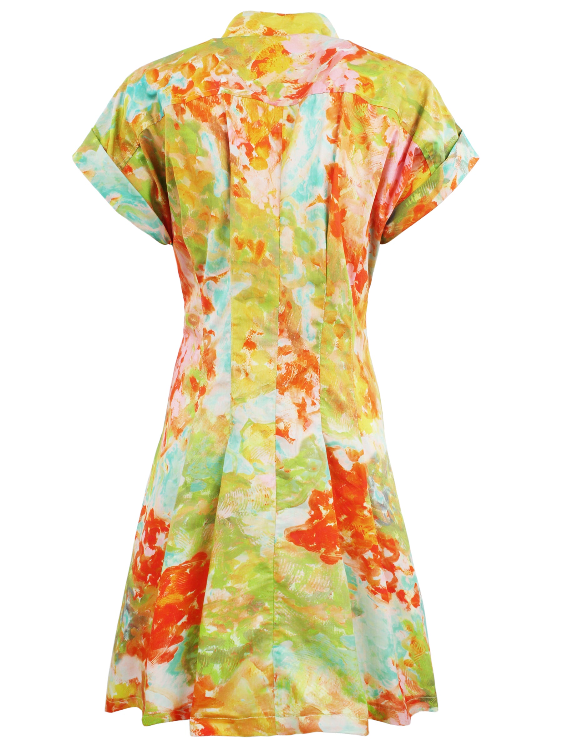 Back view of Finley Rocky Monet floral-print shirt dress with back yoke and fit-and-flare shape. Knee-length.