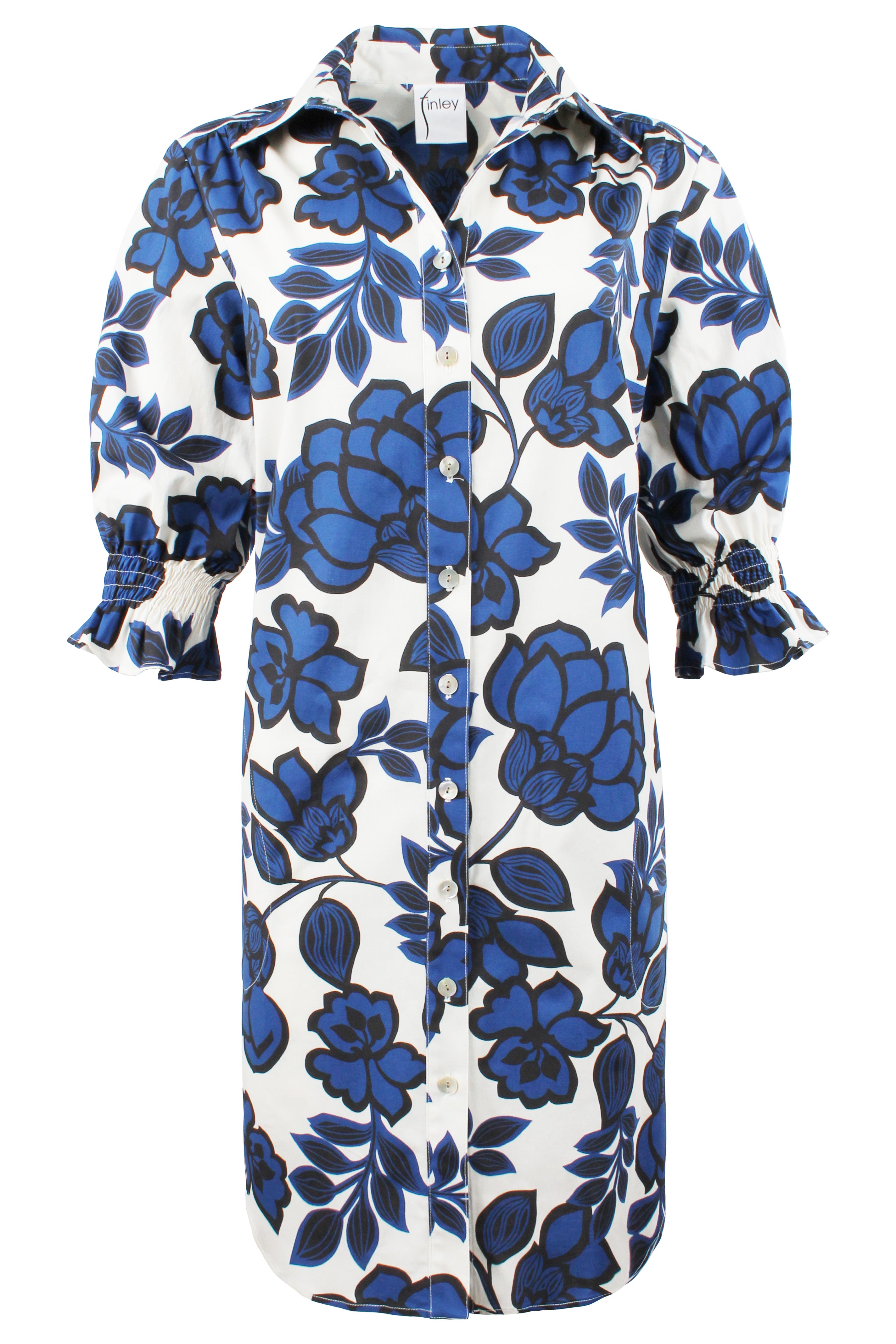 Short sleeve shirt dress with blue floral pattern on a white background