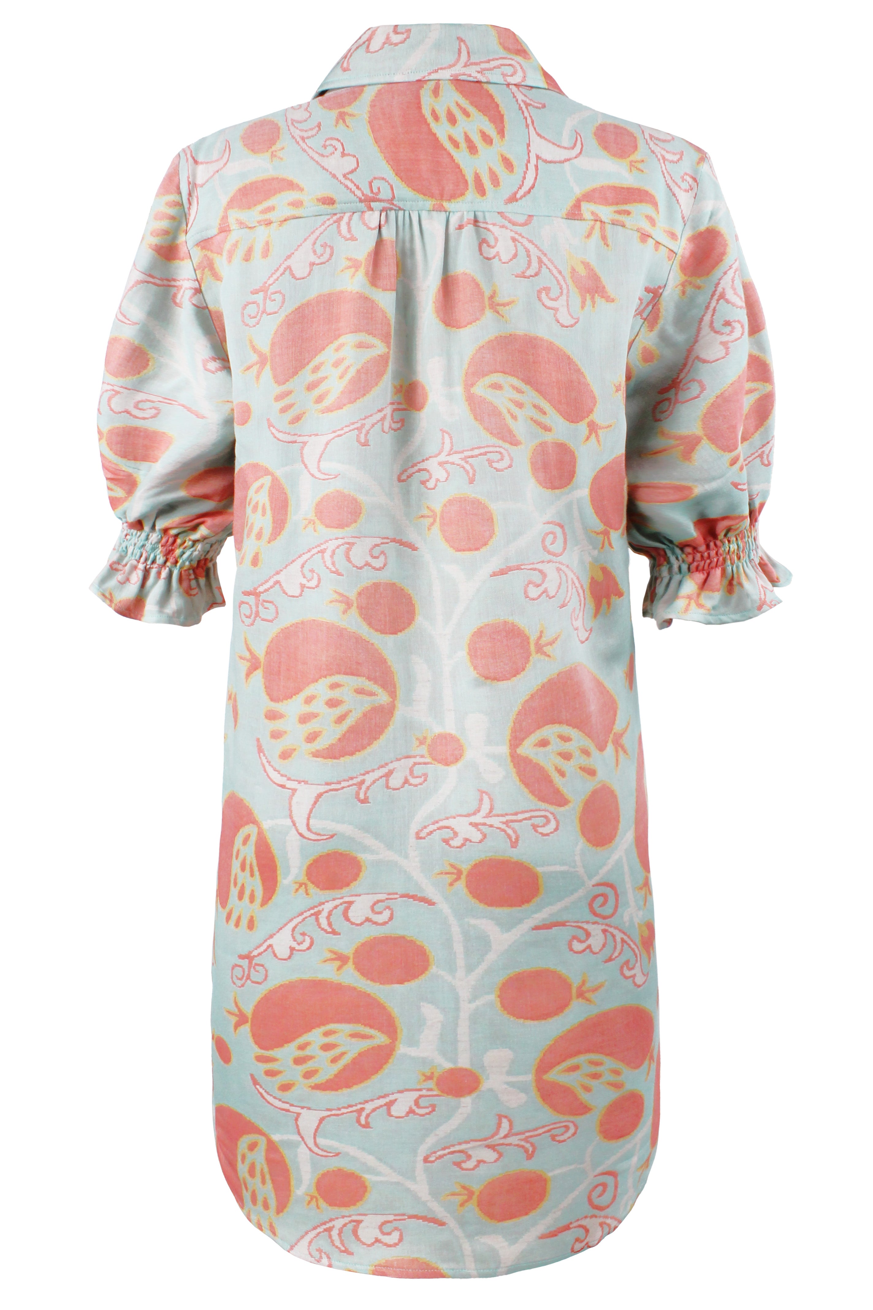Light blue dress with pink floral pattern on a white background