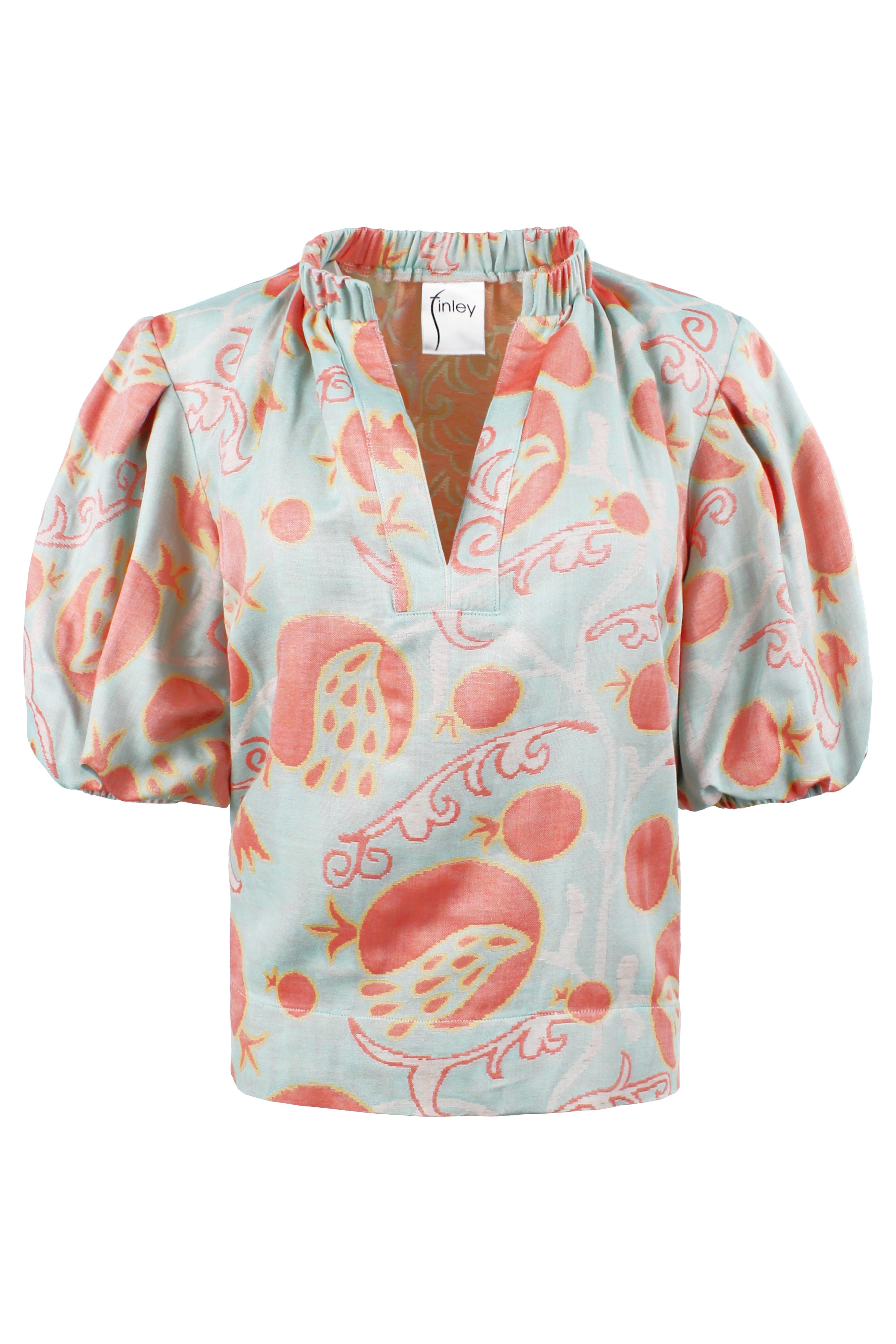 Floral patterned blouse with puff sleeves on a white background