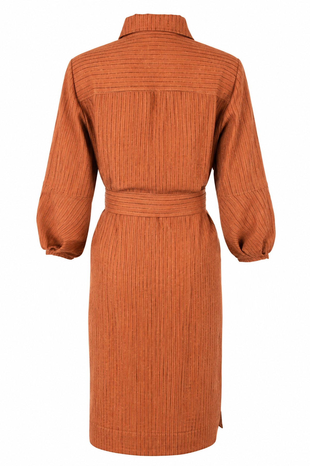 An orange-brown textured knit dress shown from the back, featuring a high collar, long sleeves with gathered cuffs, and a matching waist tie, set against a plain white background.