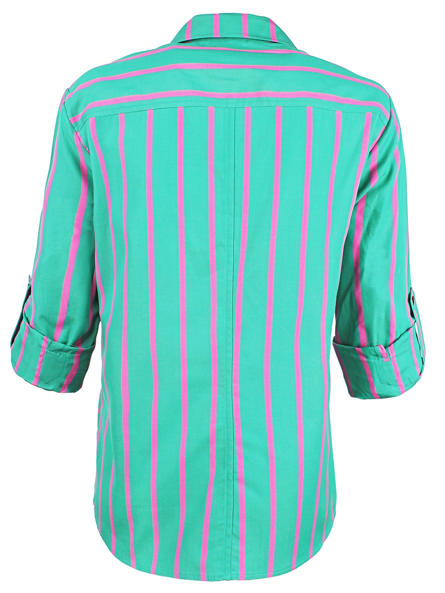 Back view of Finley Teigen cotton striped shirt with back yoke and shirttail hem in a relaxed fit.