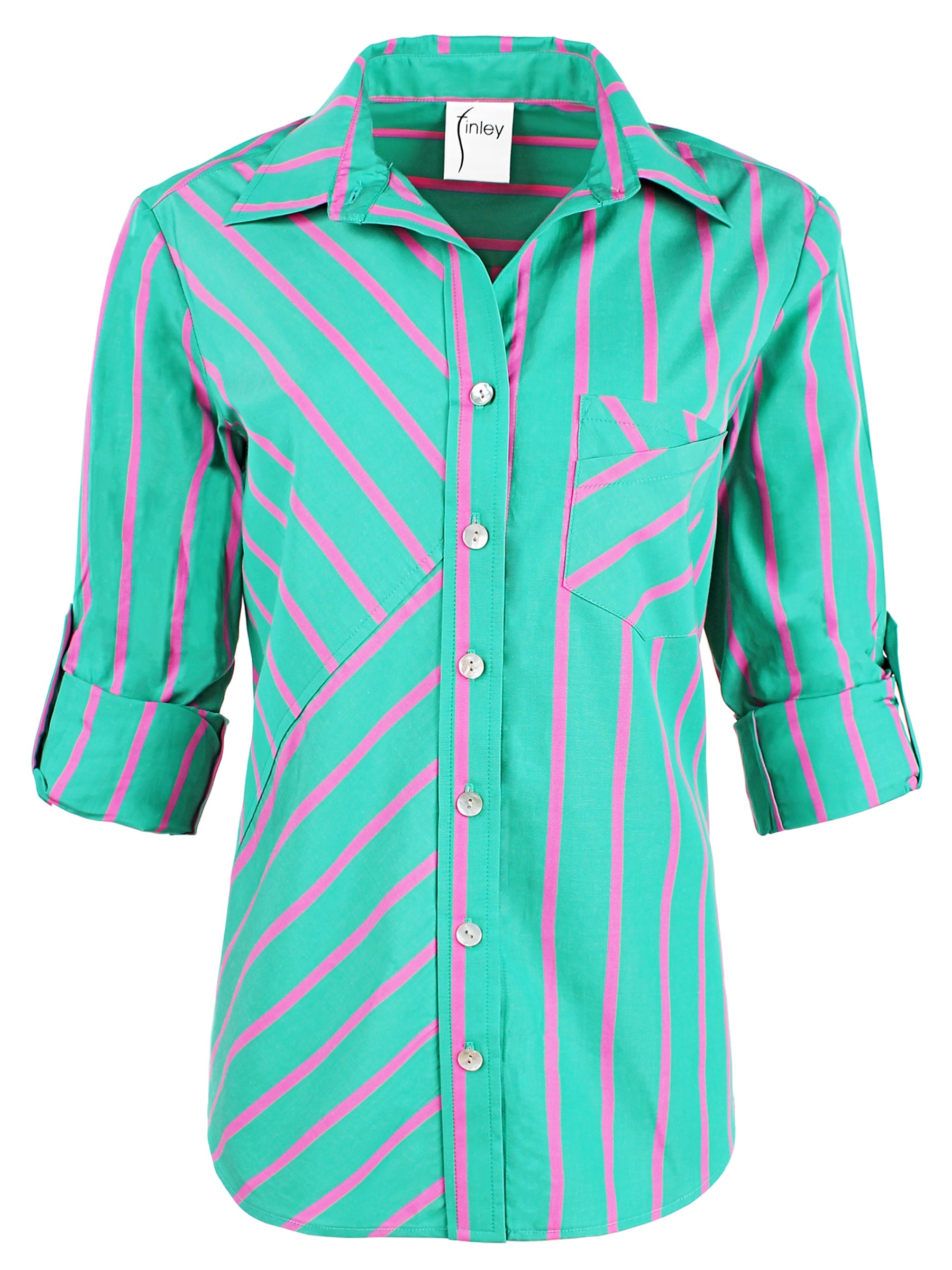 Front view of Finley Teigen green and pink striped cotton shirt with spread collar and chest patch pocket.