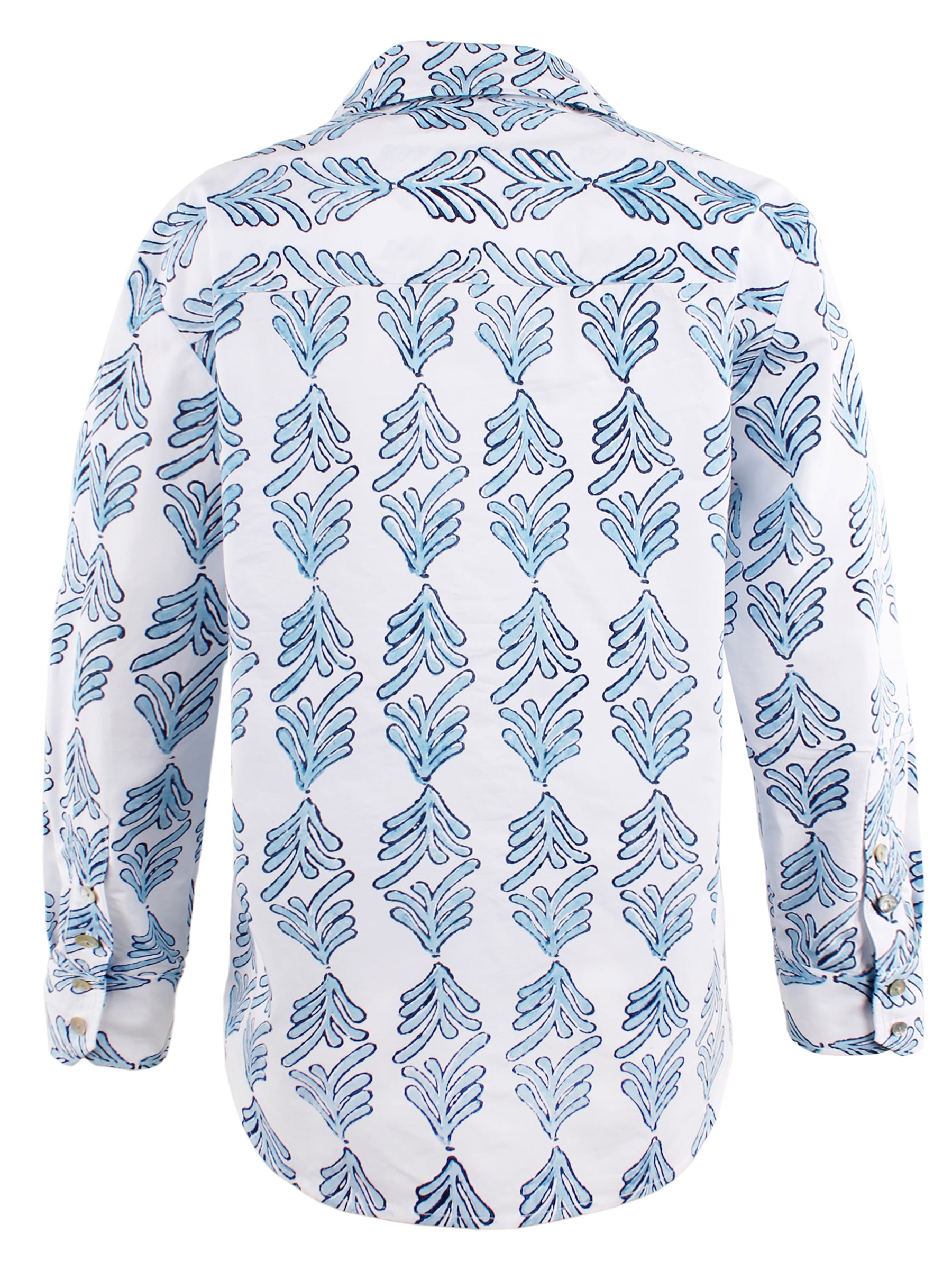 Back view of Finley Andie shirt in blue hand block printed cotton with back yoke and relaxed fit. Button-down style.