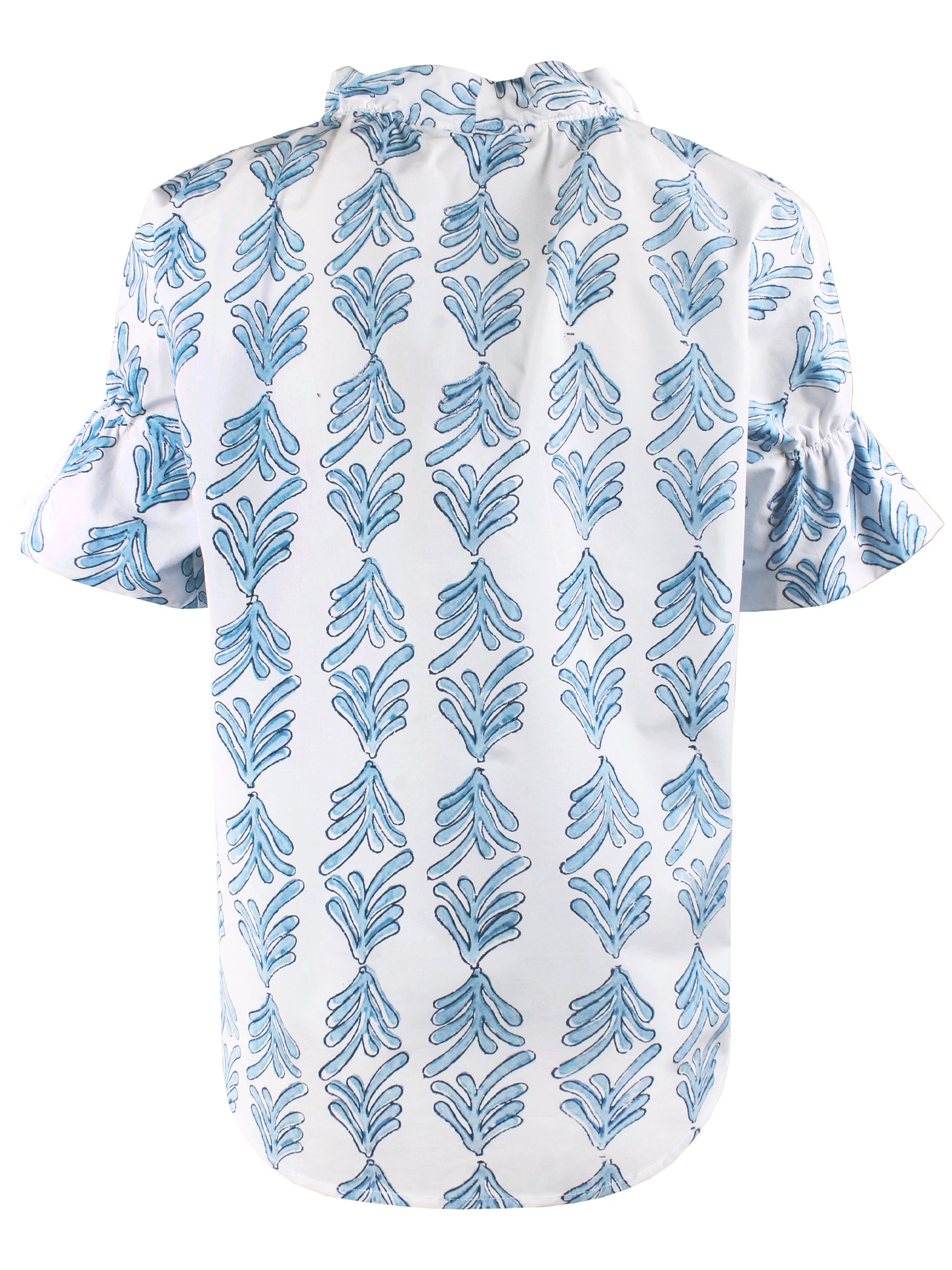 Back view of Finley Crosby blue hand-block print cotton shirt with ruched back and rounded hem. Relaxed fit.