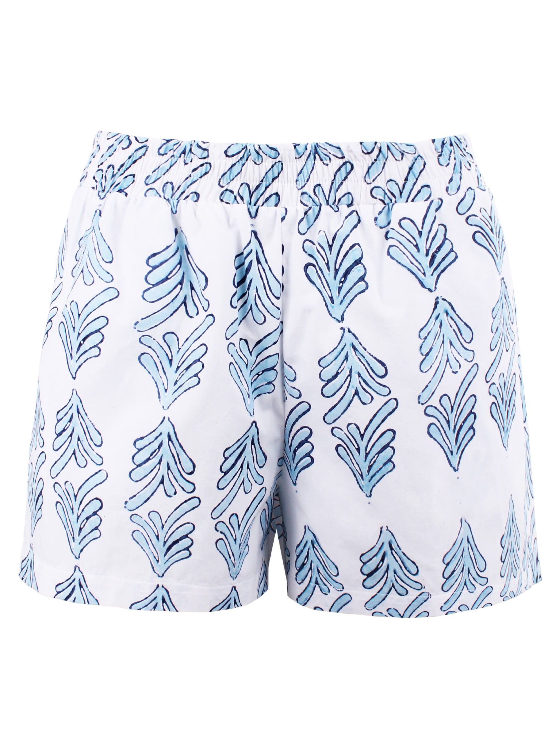 Front view of Finley Seaside Short in blue hand block printed cotton. Pull-on style with elasticized waistband and side pockets.