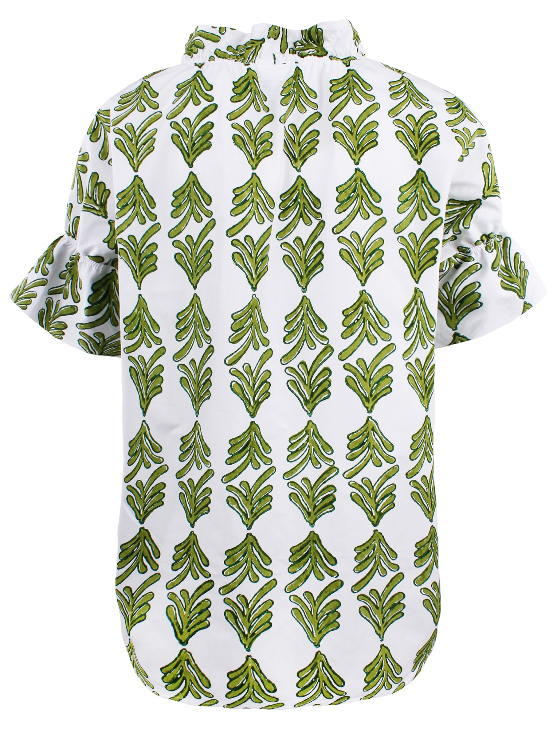 Back view of Finley Crosby green hand-block print cotton popover shirt with ruched back and rounded hem. Relaxed fit.