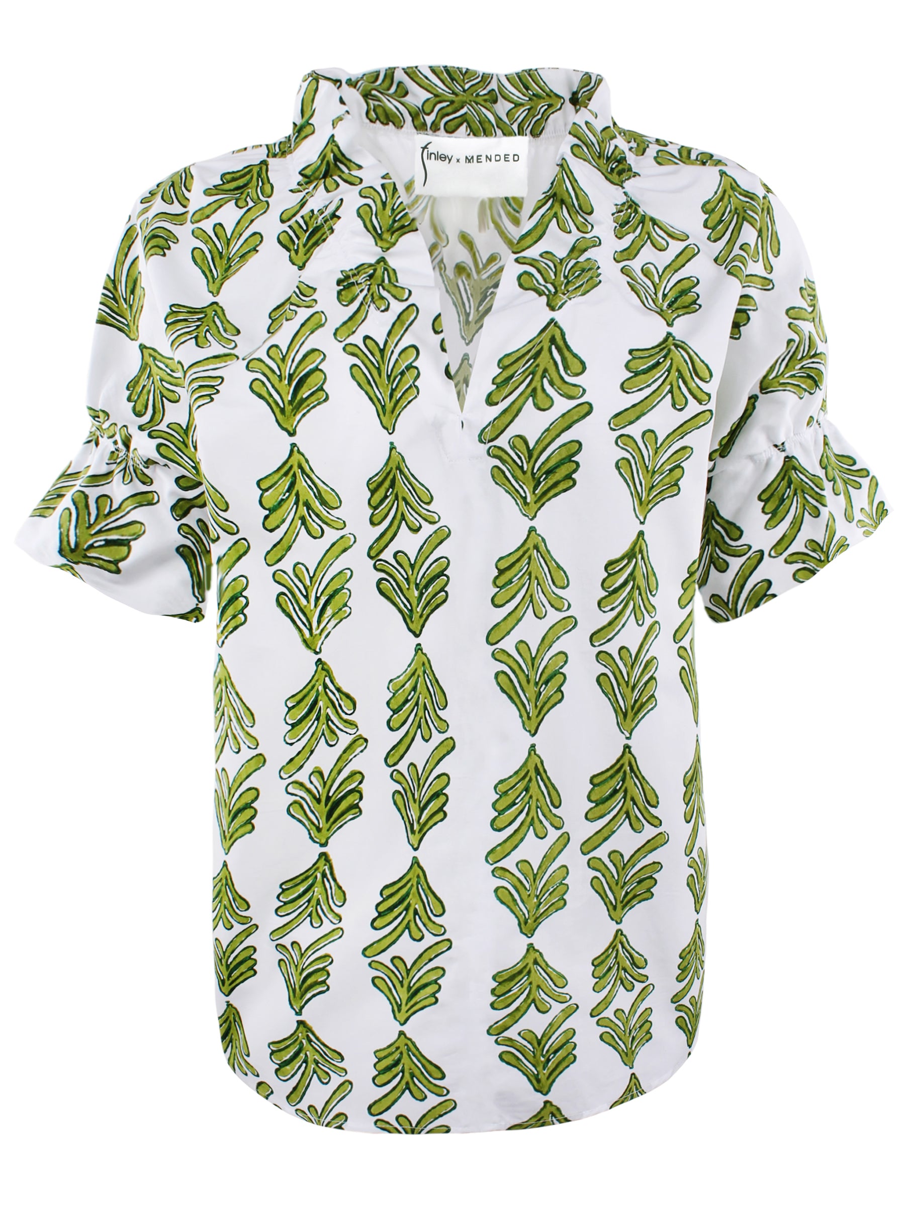 Front view of Finley Crosby green hand-block print cotton popover shirt with V neckline and ruffle trim. Pullover style.