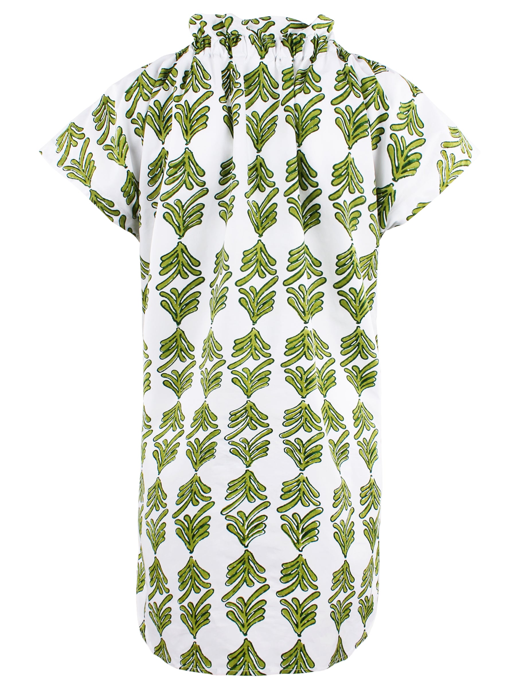Back view of Finley Jenny green hand-block print shirt dress with ruched back and shirttail hem. Shift silhouette.