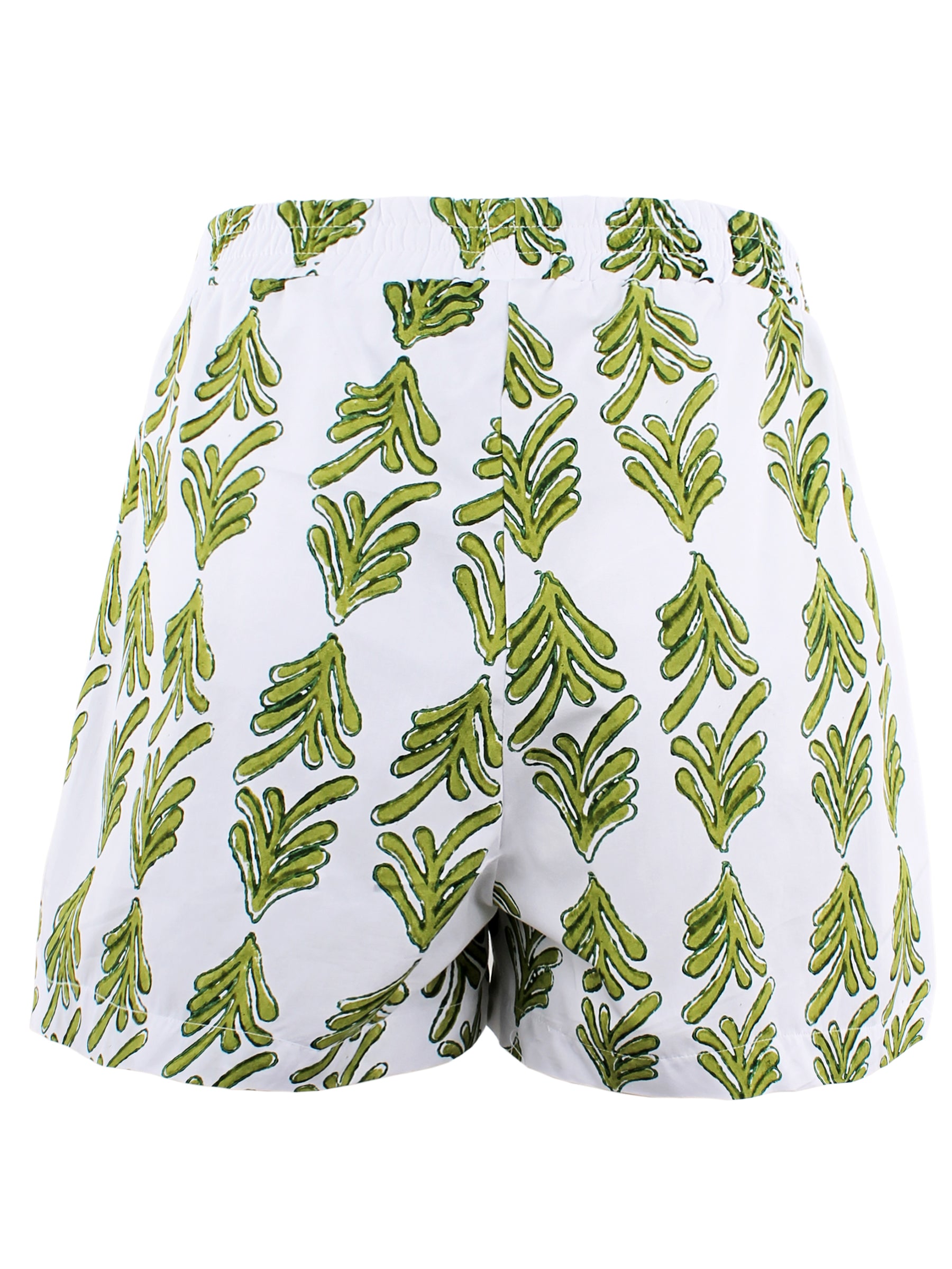 Back view of Finley Seaside Short in green hand block printed cotton. Elasticized waistband, 3" inseam.