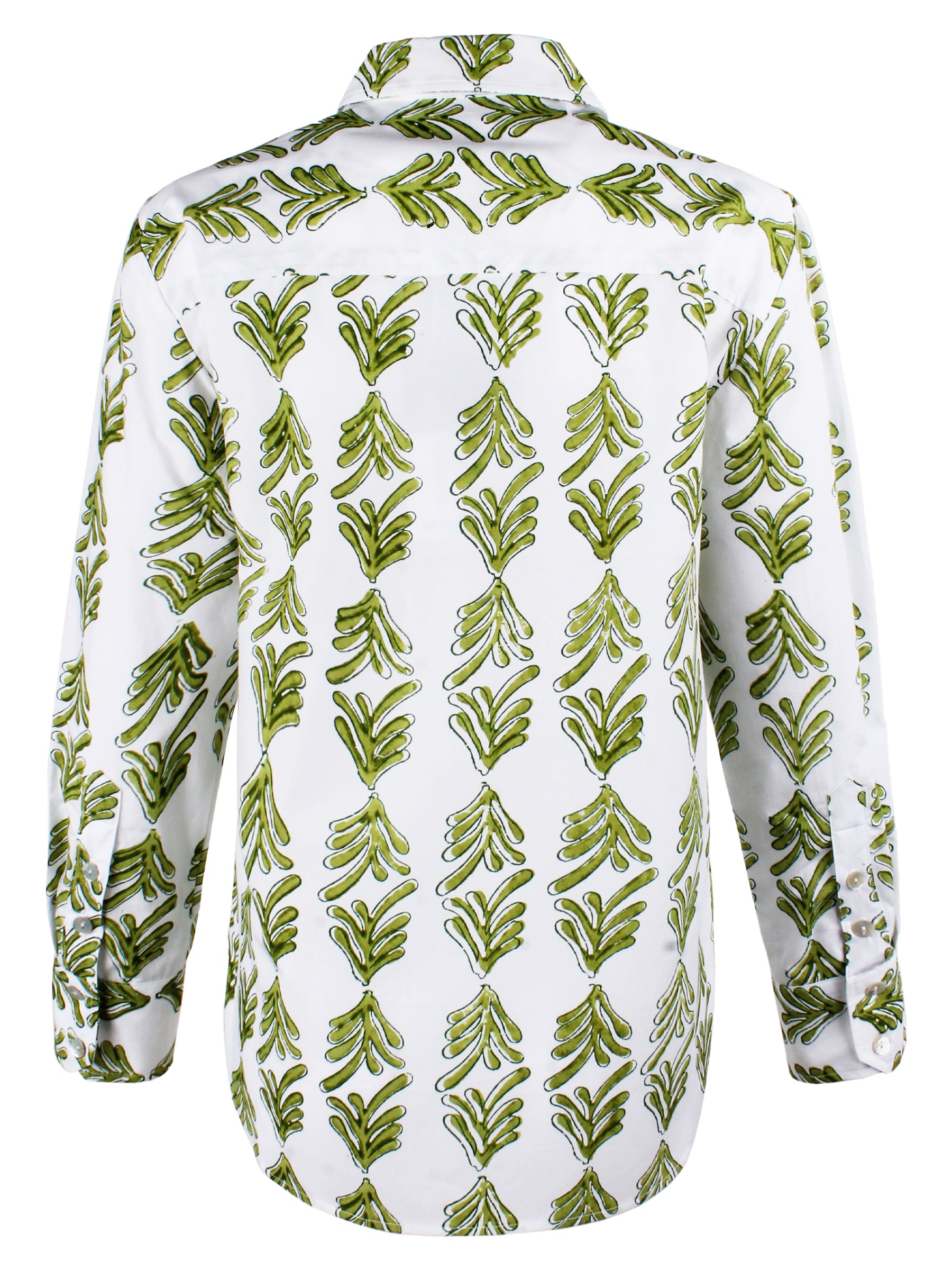 Back view of Finley Andie shirt in green hand block printed cotton with back yoke and relaxed fit. Button-down style.