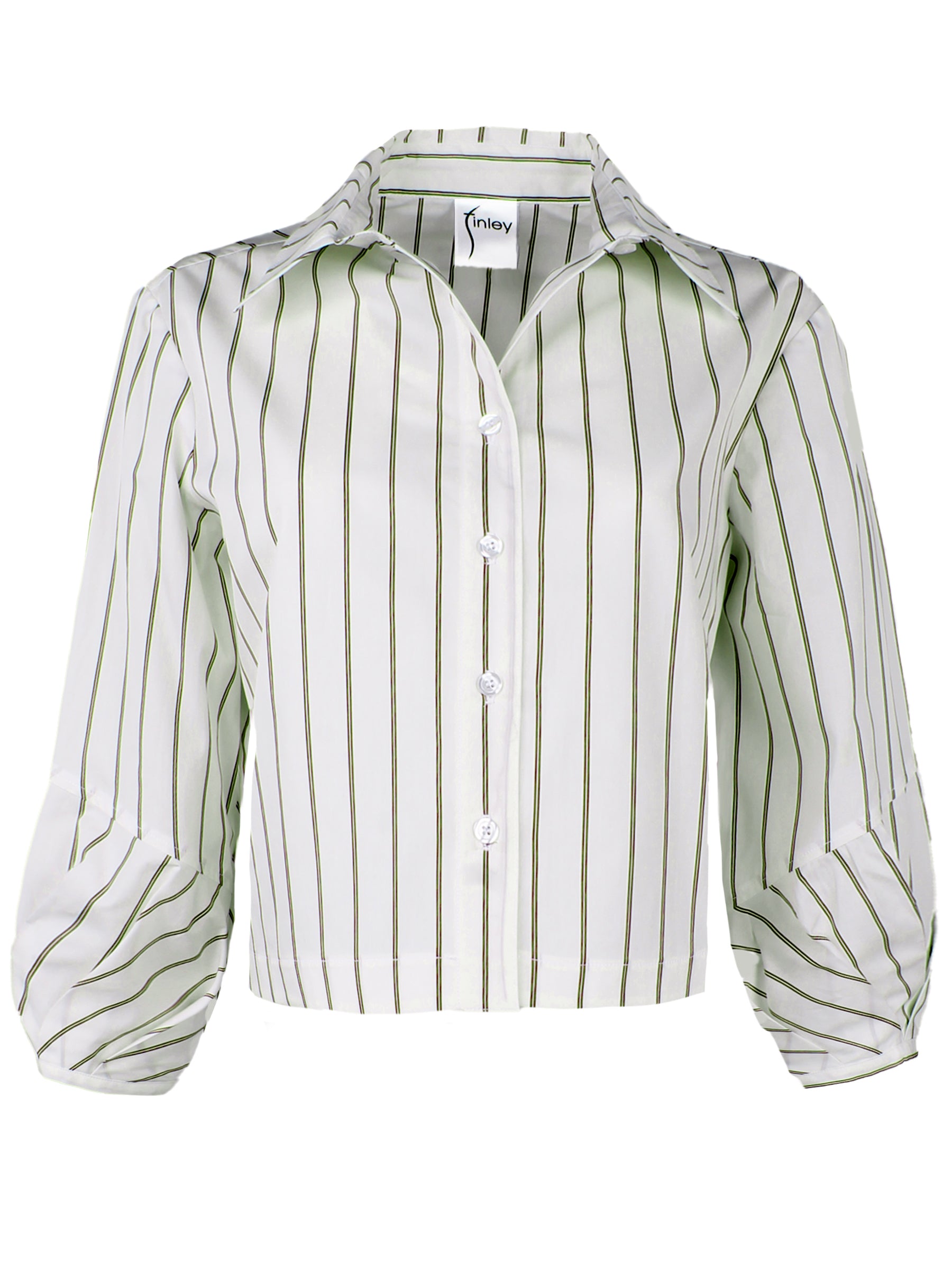 A front view of the Finley Emmy, a olive pinstripe cropped poplin shirt with pleated cuffs and a relaxed shape.