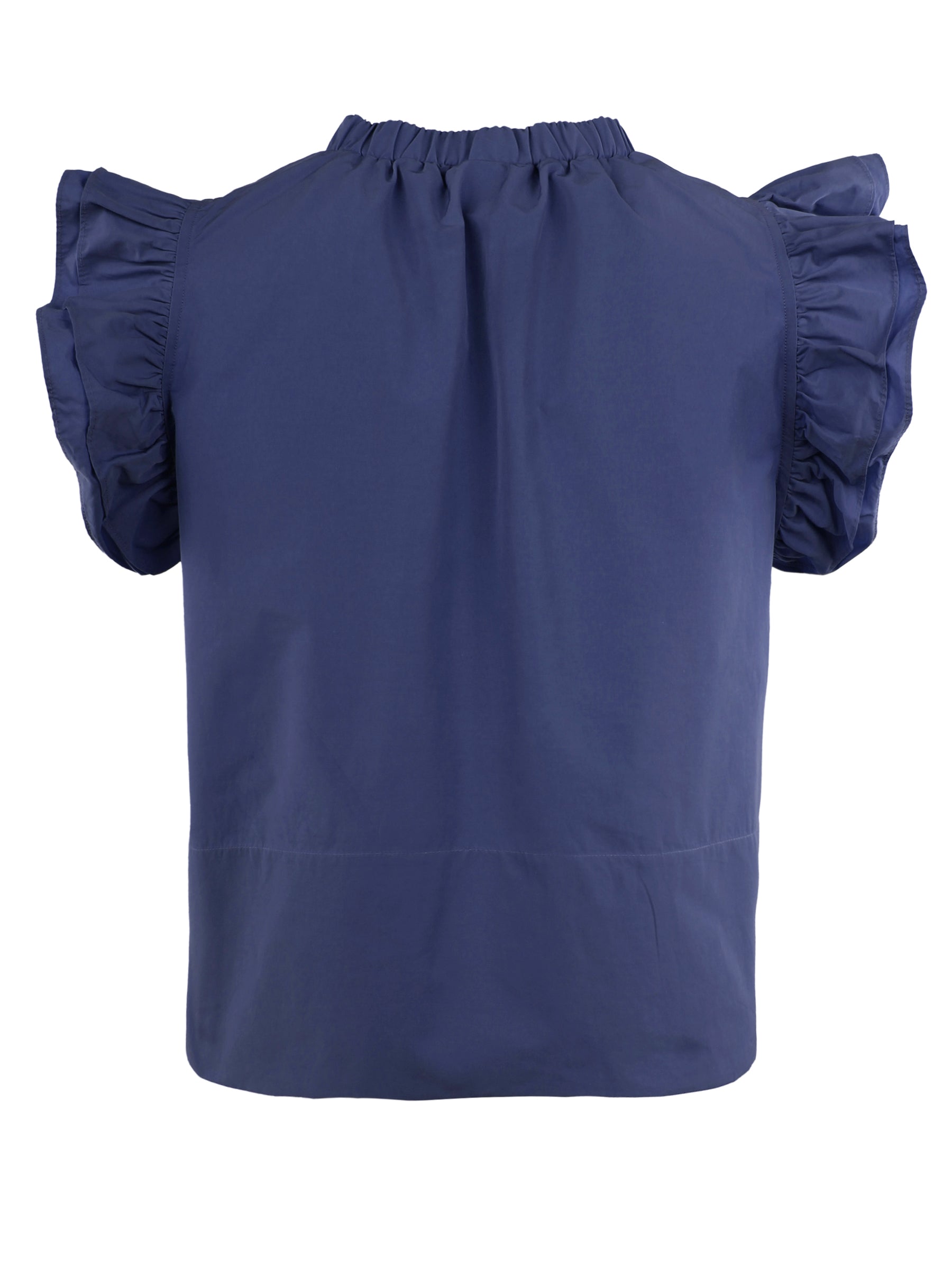 Navy blue blouse with ruffled sleeves on a white background