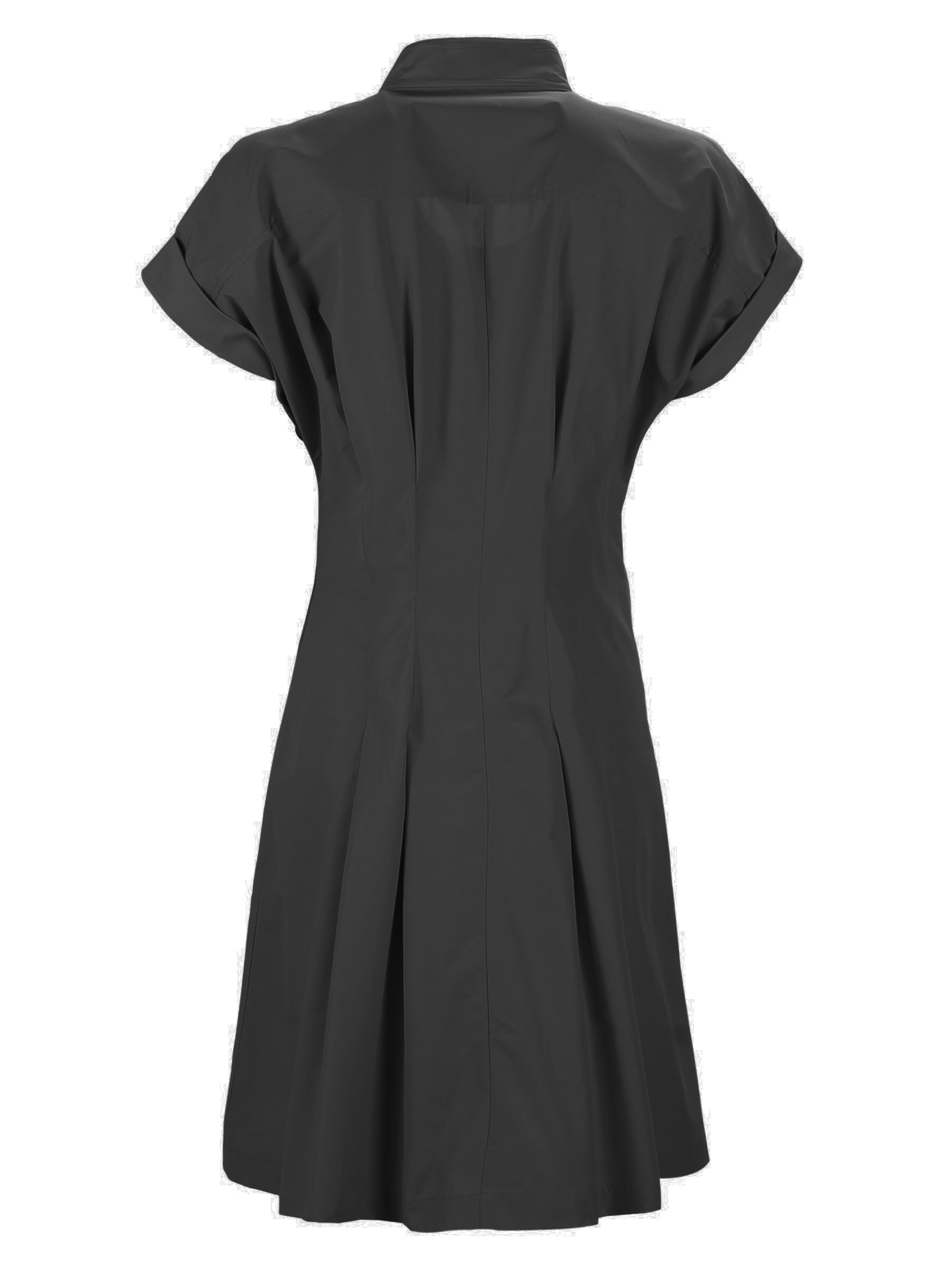 Back view of Finley Rocky black fit-and-flare dress with box-pleated back yoke. Fitted shape, below the knee.