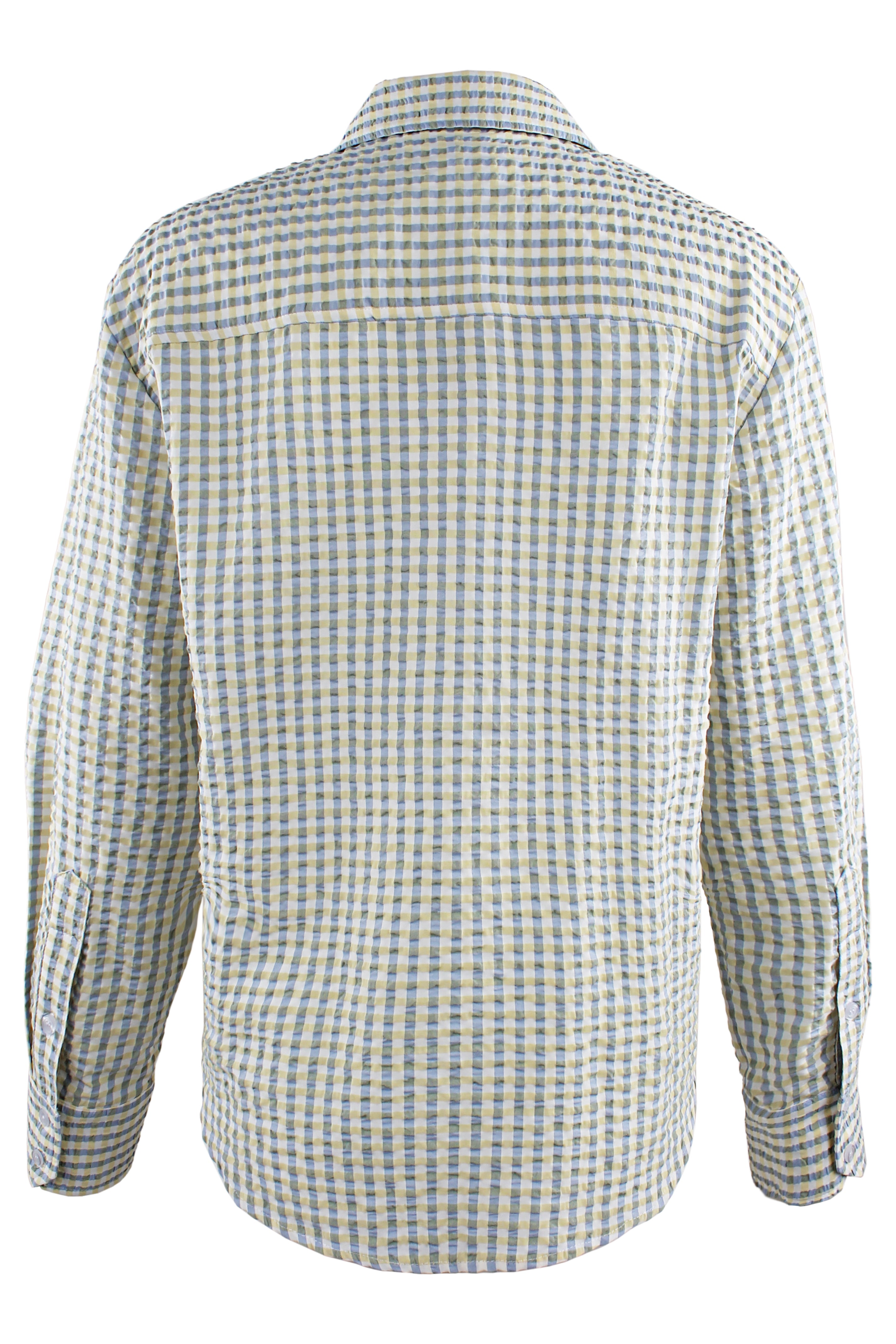 A rear view of the Finley Andie blouse, a cropped point collar blouse in yellow & green seersucker check