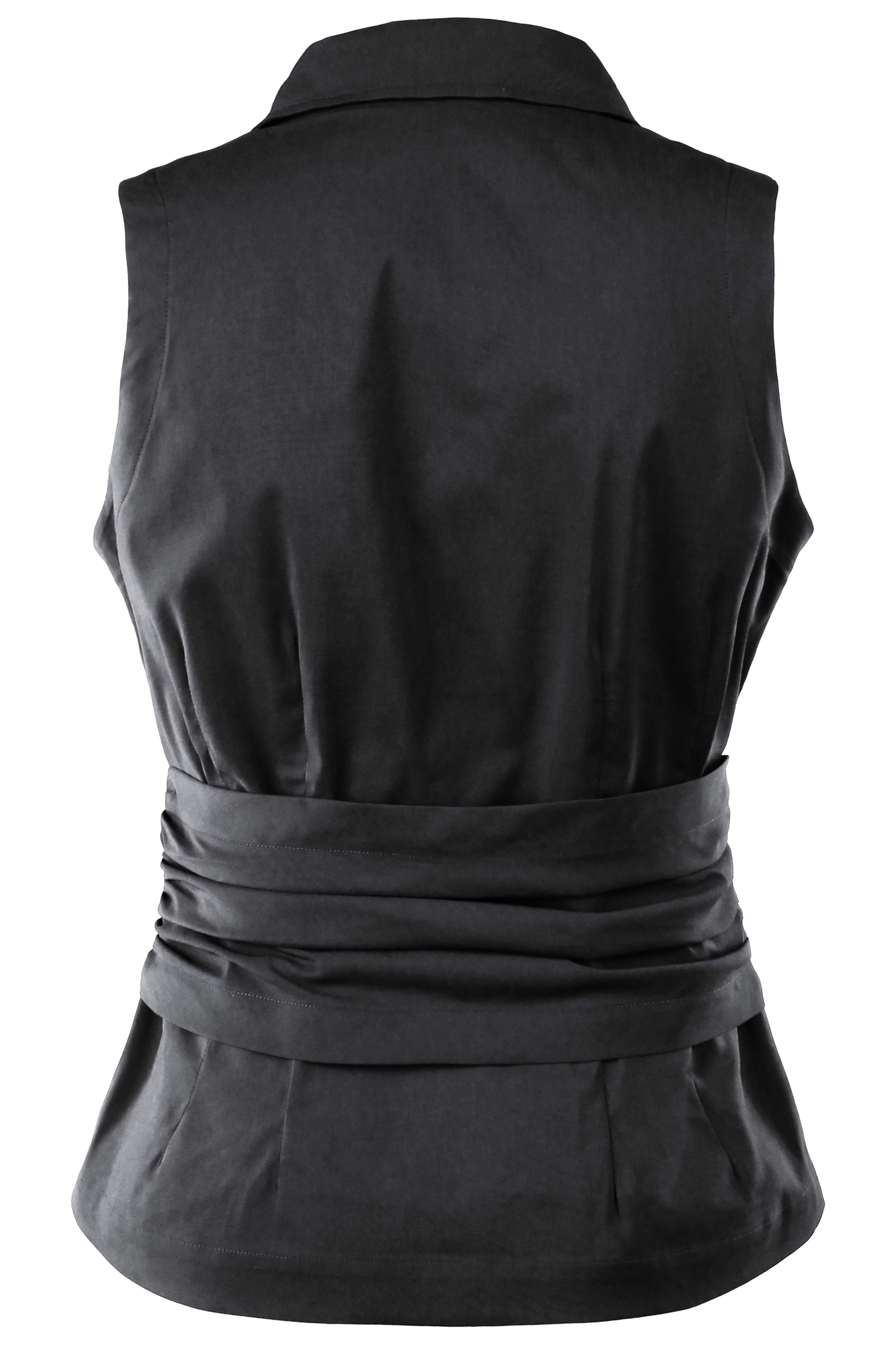Harold Sleeveless Wrap Tie Front Shirt Black Silky Poplin