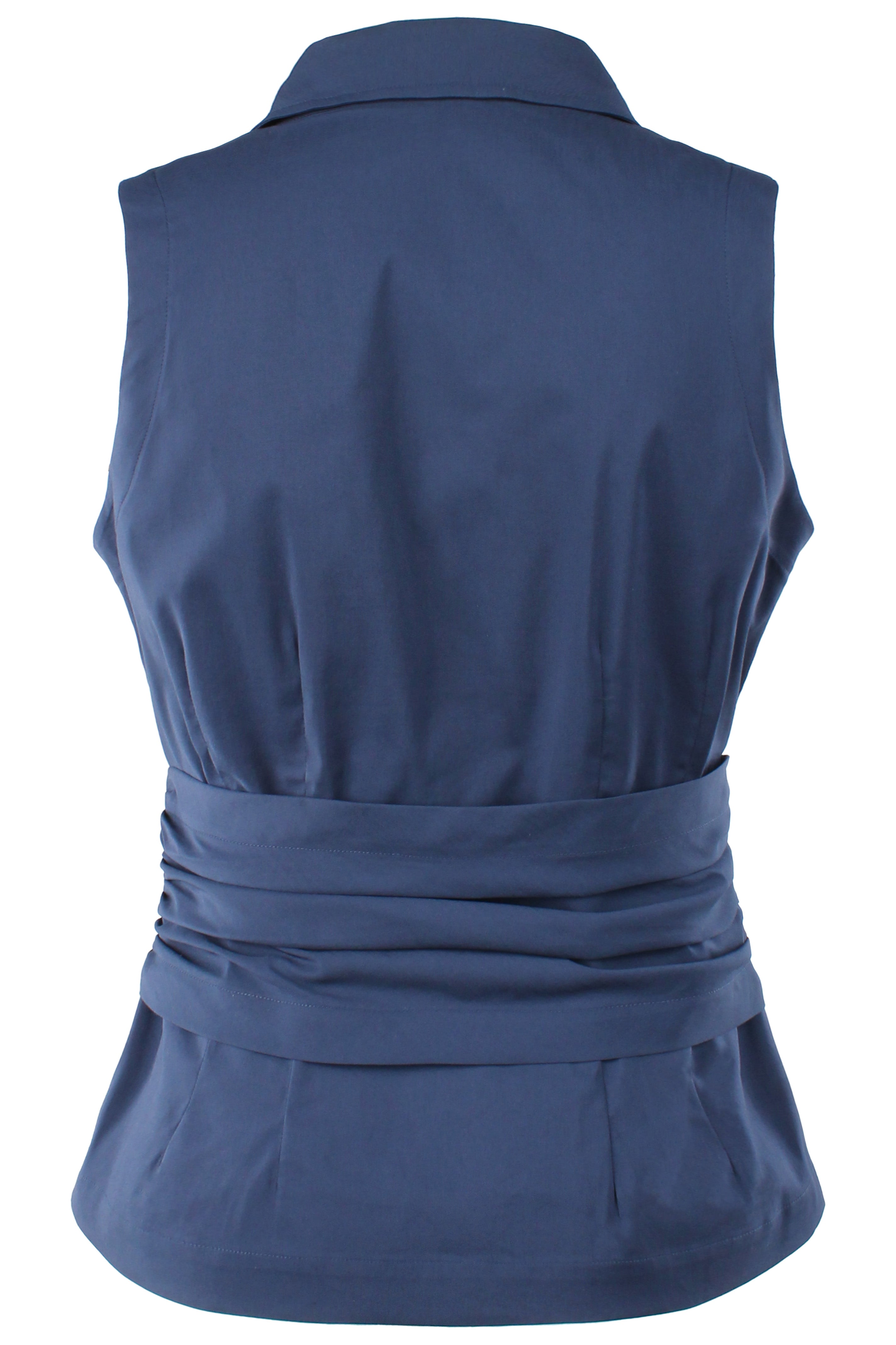 Blue sleeveless top with a belt on a white background