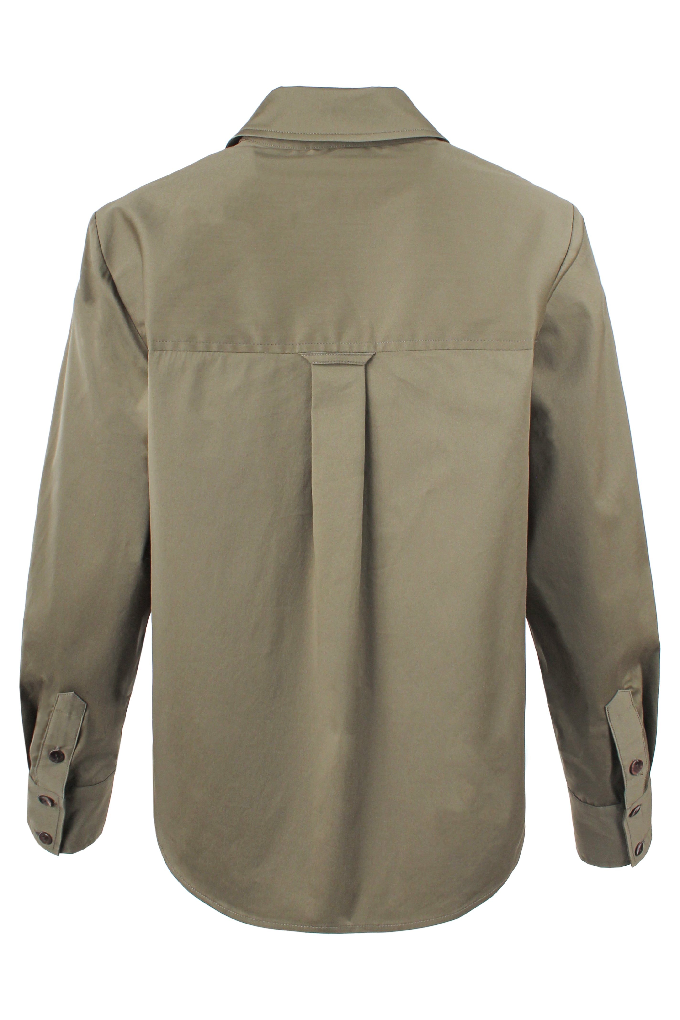 Rear view of the Finley Joni, a relaxed fit long sleeve olive green v-neck popover women's blouse