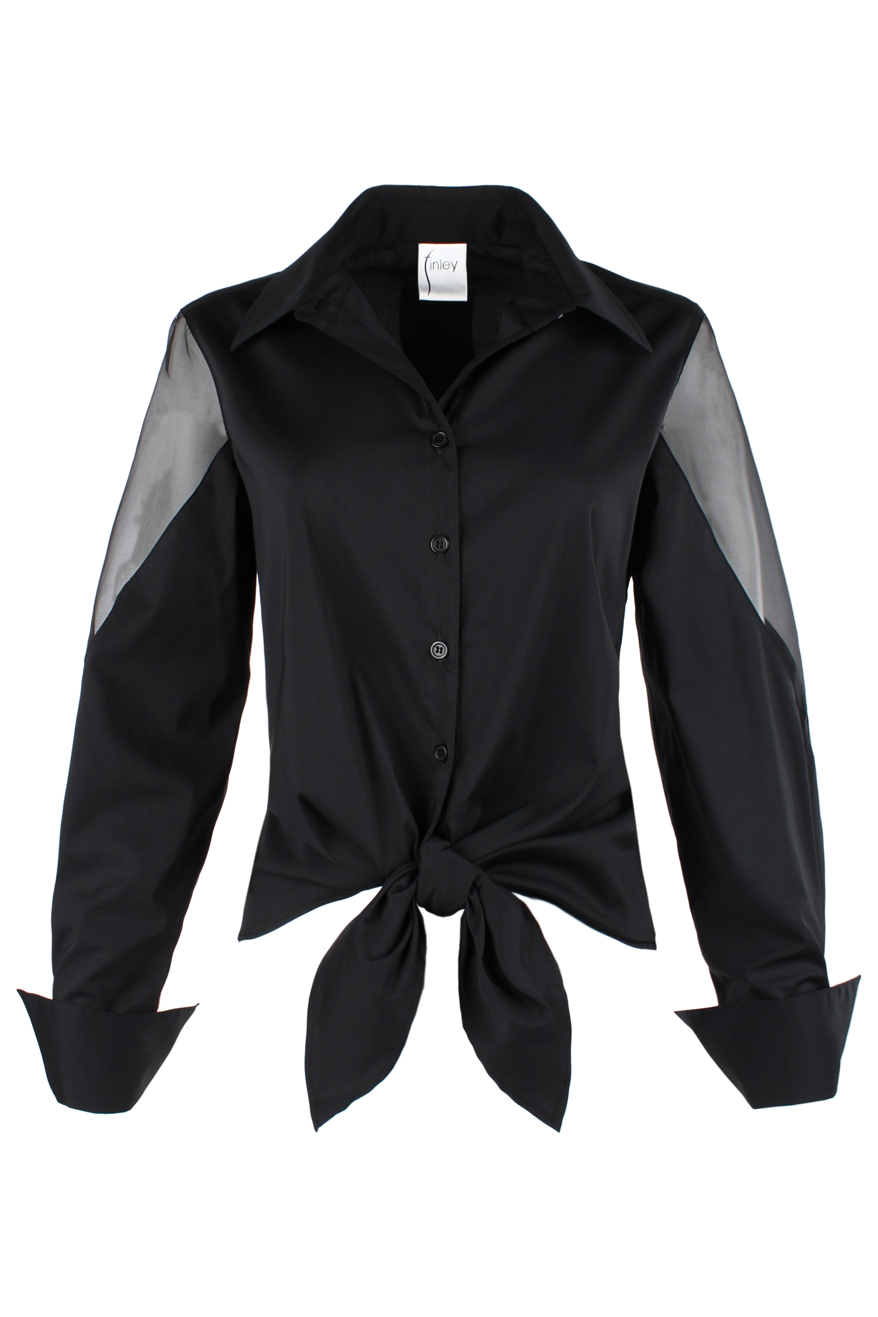 Lindy Tie Front Blouse, Black Poplin & Silk Organza