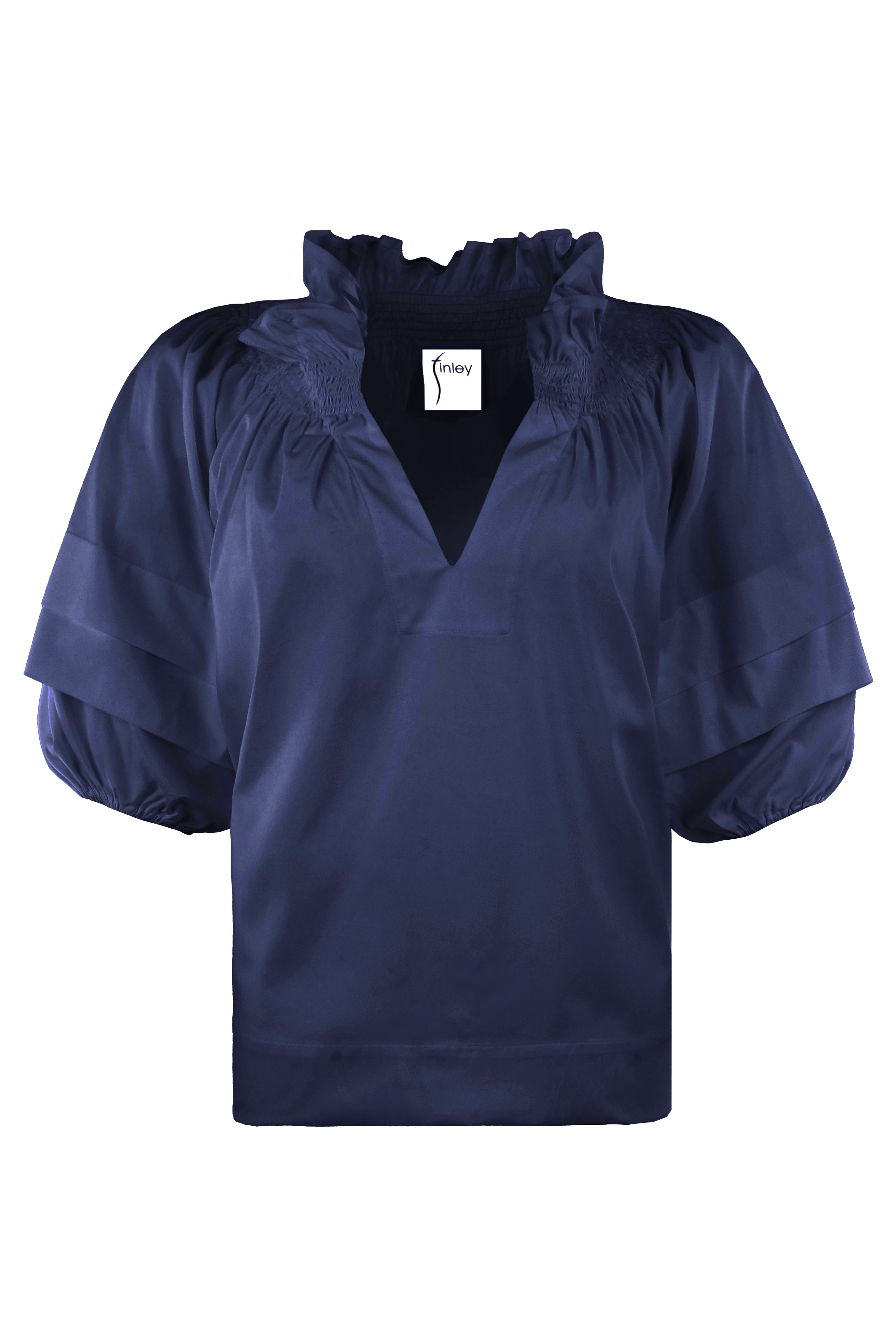 Lexie Short Sleeve Popover Blouse, Navy Silky Poplin