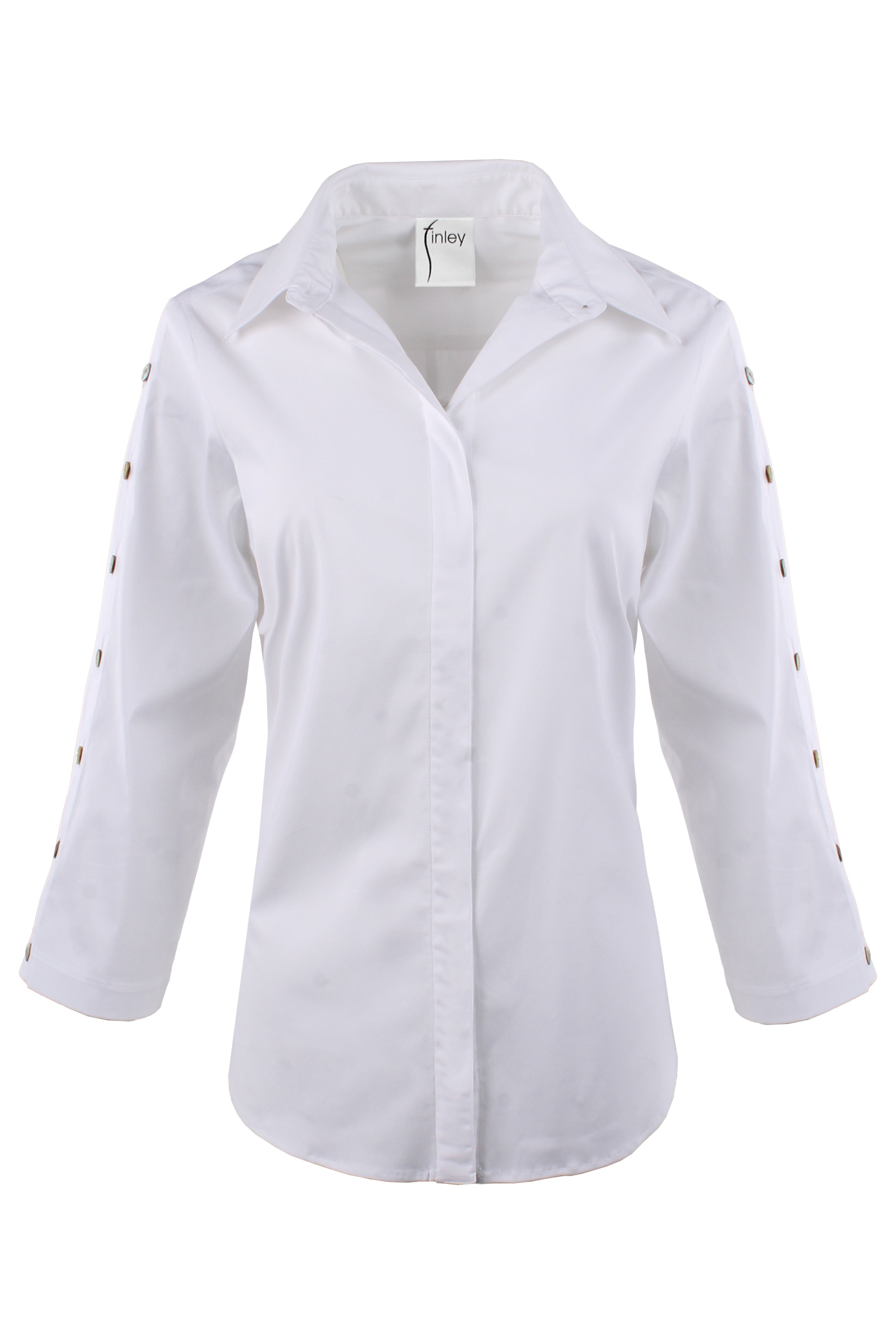 White shirt with decorative buttons on sleeves against a white background