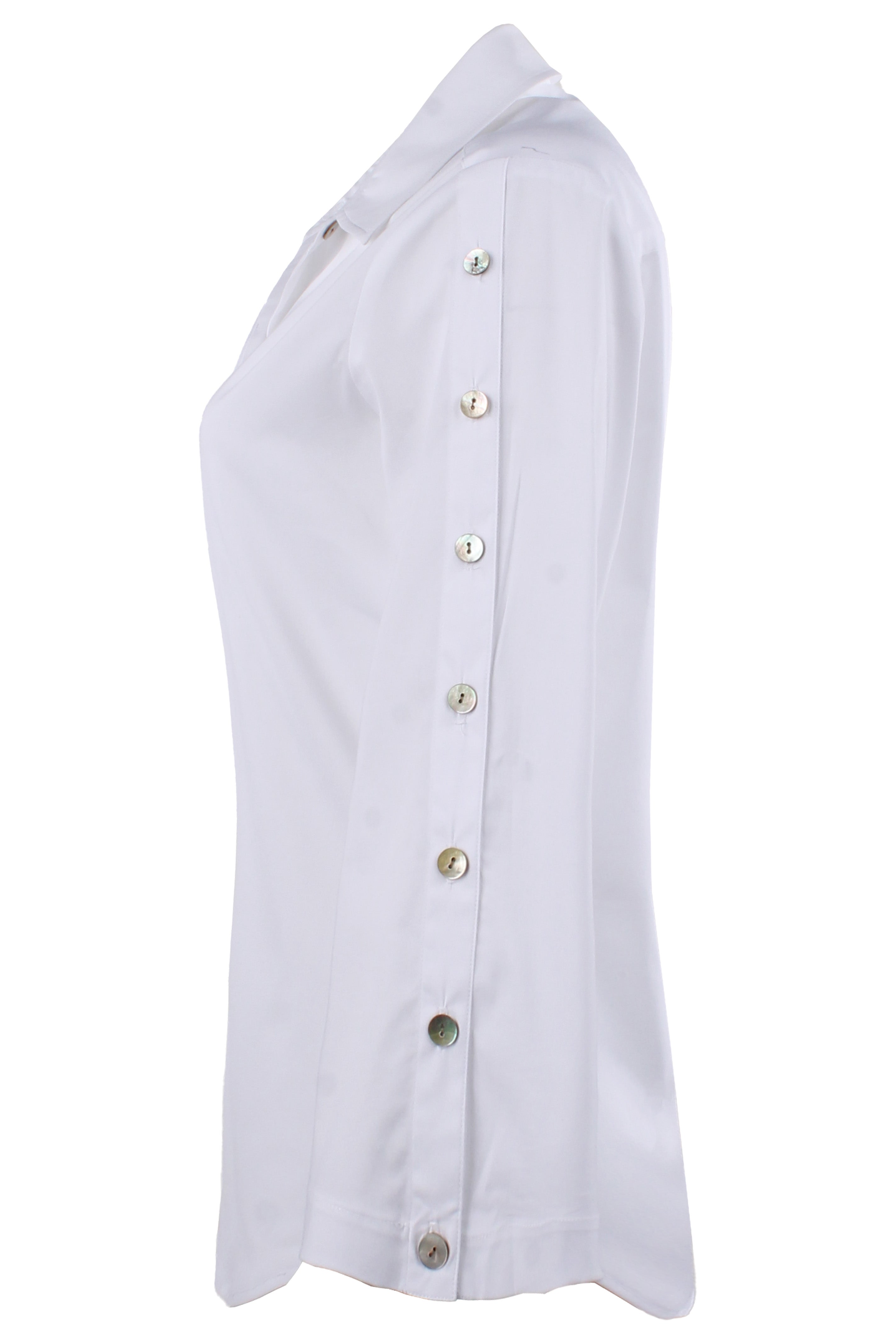 White sleeveless shirt with buttons on a white background
