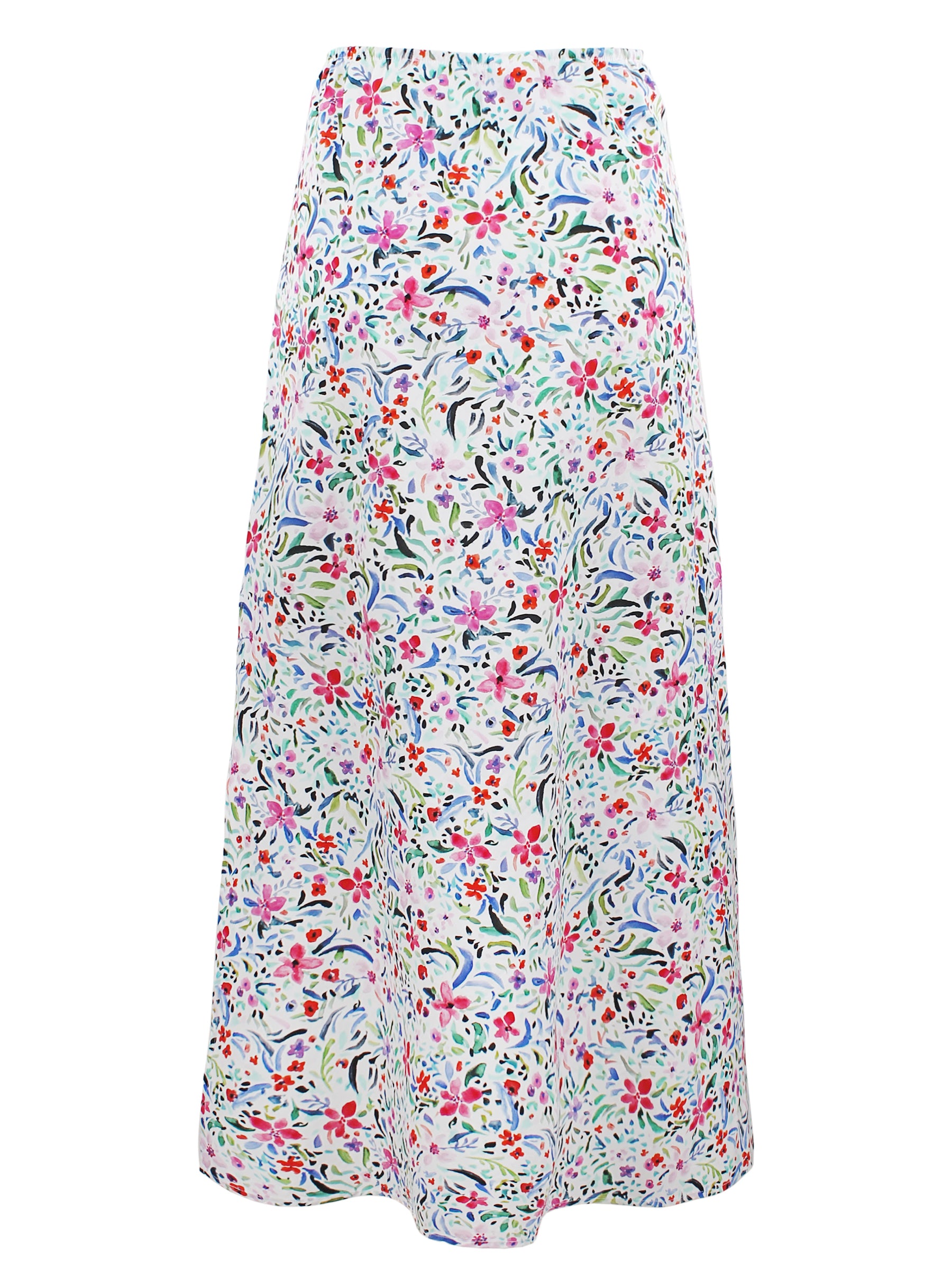 a front view of the Finley Pull On skirt with an elastic waist, maxi length, 100% cotton fabric, and straight silhouette.