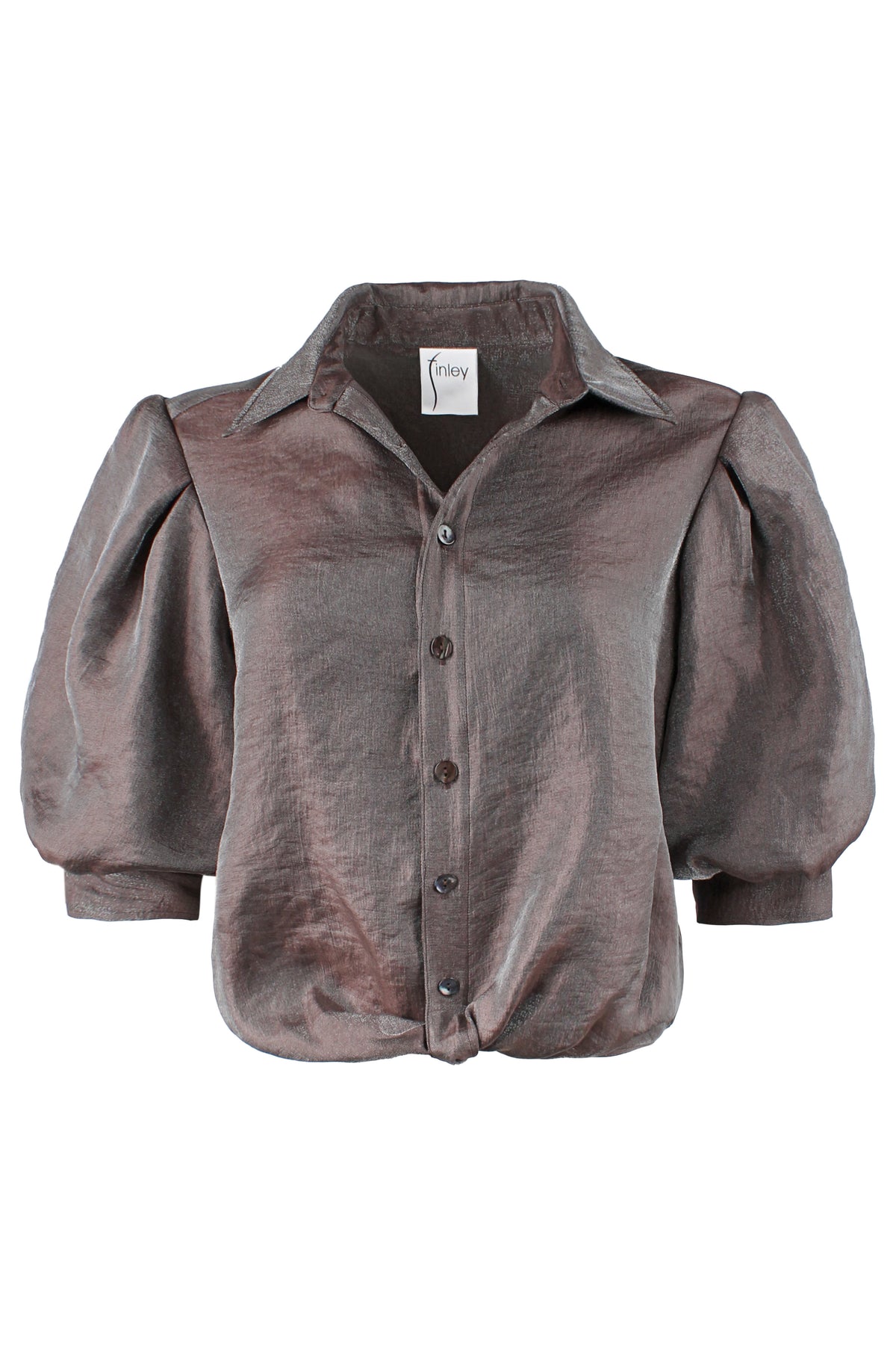 Bomba Short Sleeve Twist-Hem Blouse, Iridescent Brown Metallic