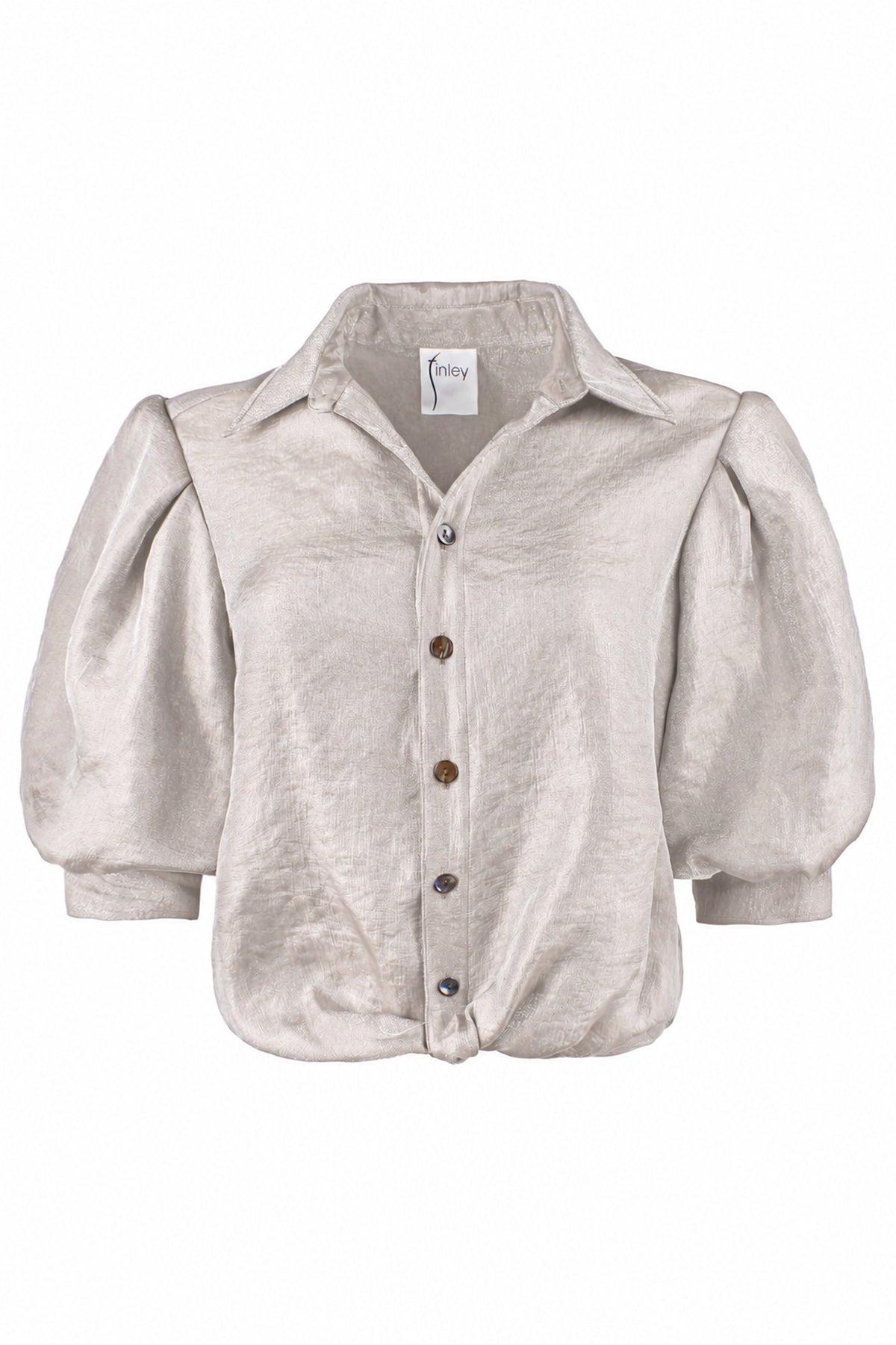 Bomba Short Sleeve Twist-Hem Blouse, Iridescent Platinum Metallic