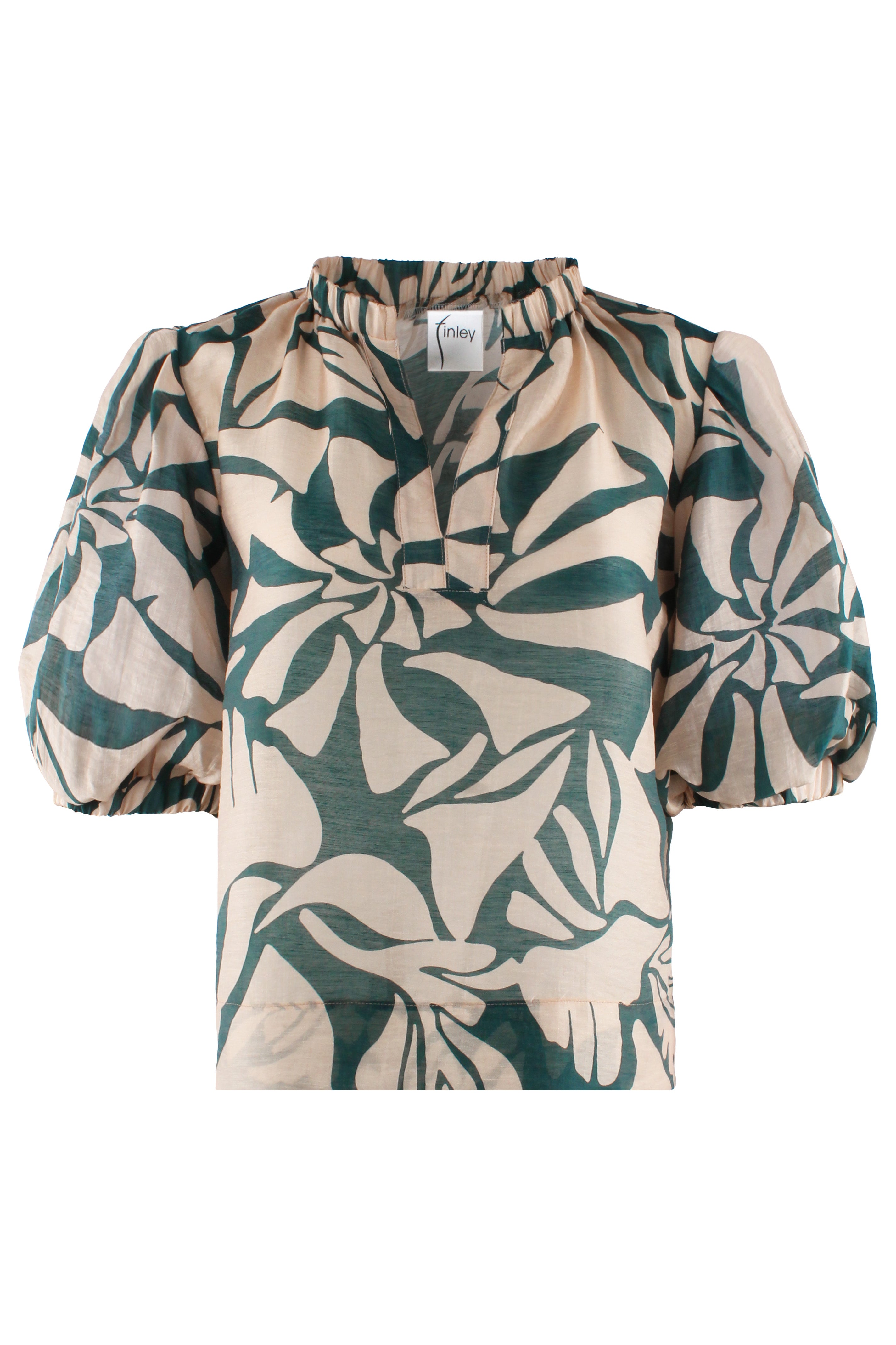 Marcie Popover Top Green/Natural Stepping Stones Print