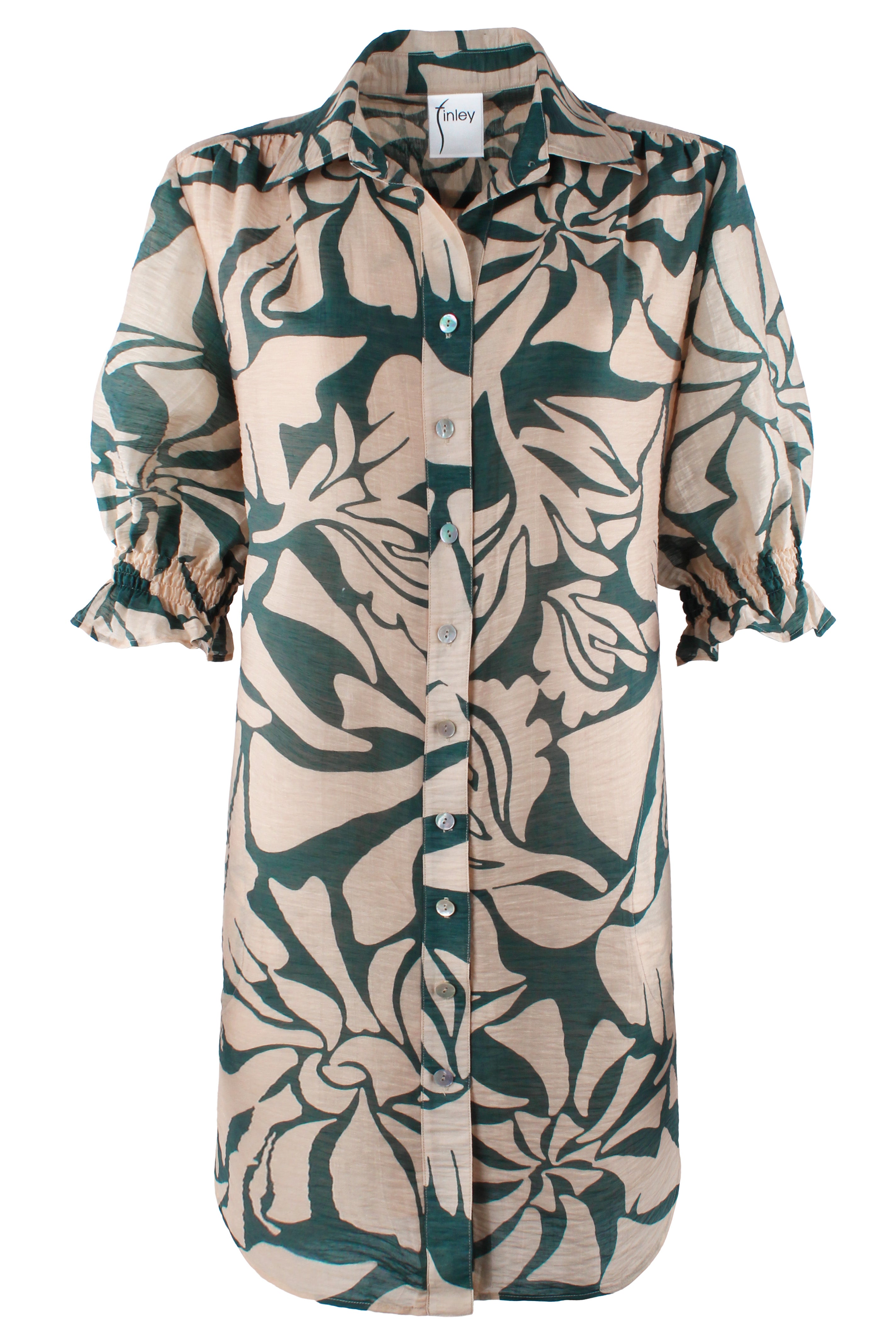 Miller Puff Sleeve Shirt Dress Green/Natural Stepping Stones Print