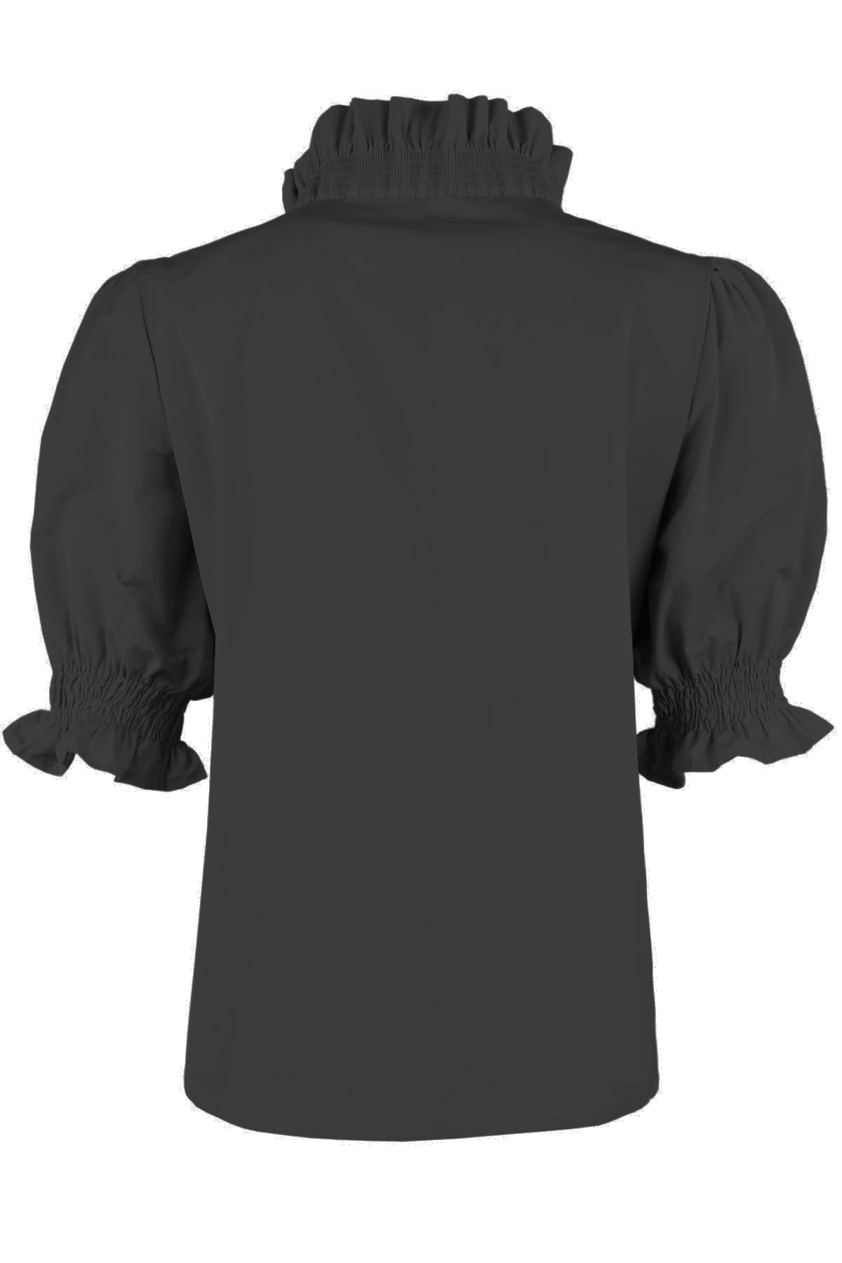 a back view of the Finley Cici blouse in black taffeta with a v-neckline, relaxed contour, and elbow puff sleeves.