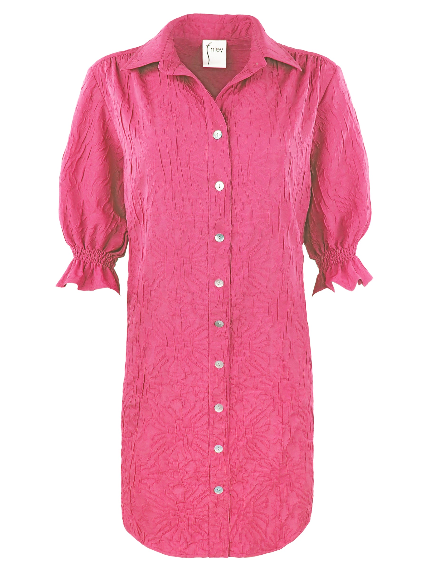Miller Puff Sleeve Pink Shirt Dress Textured Jacquard