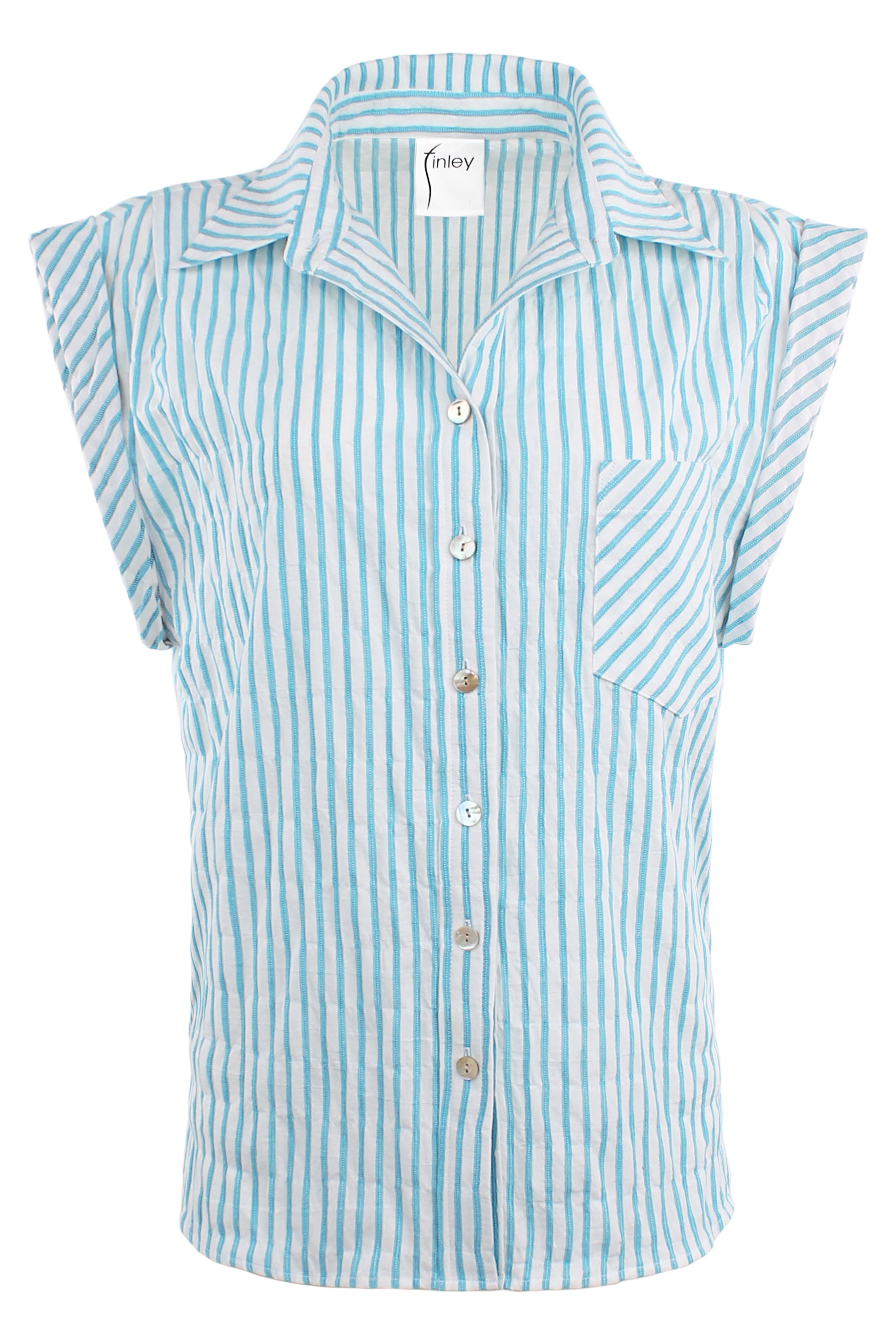 Daryl Cap Sleeve Shirt Turquoise Textured Stripe