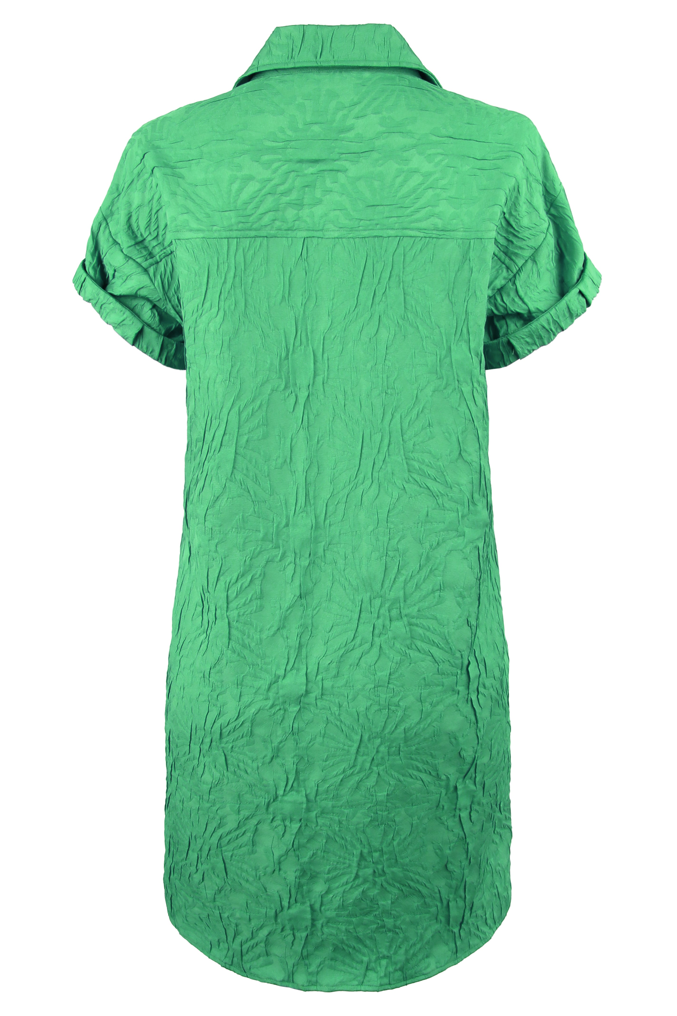 Roll Sleeve Camp Shirt Dress in Green Textured Jacquard