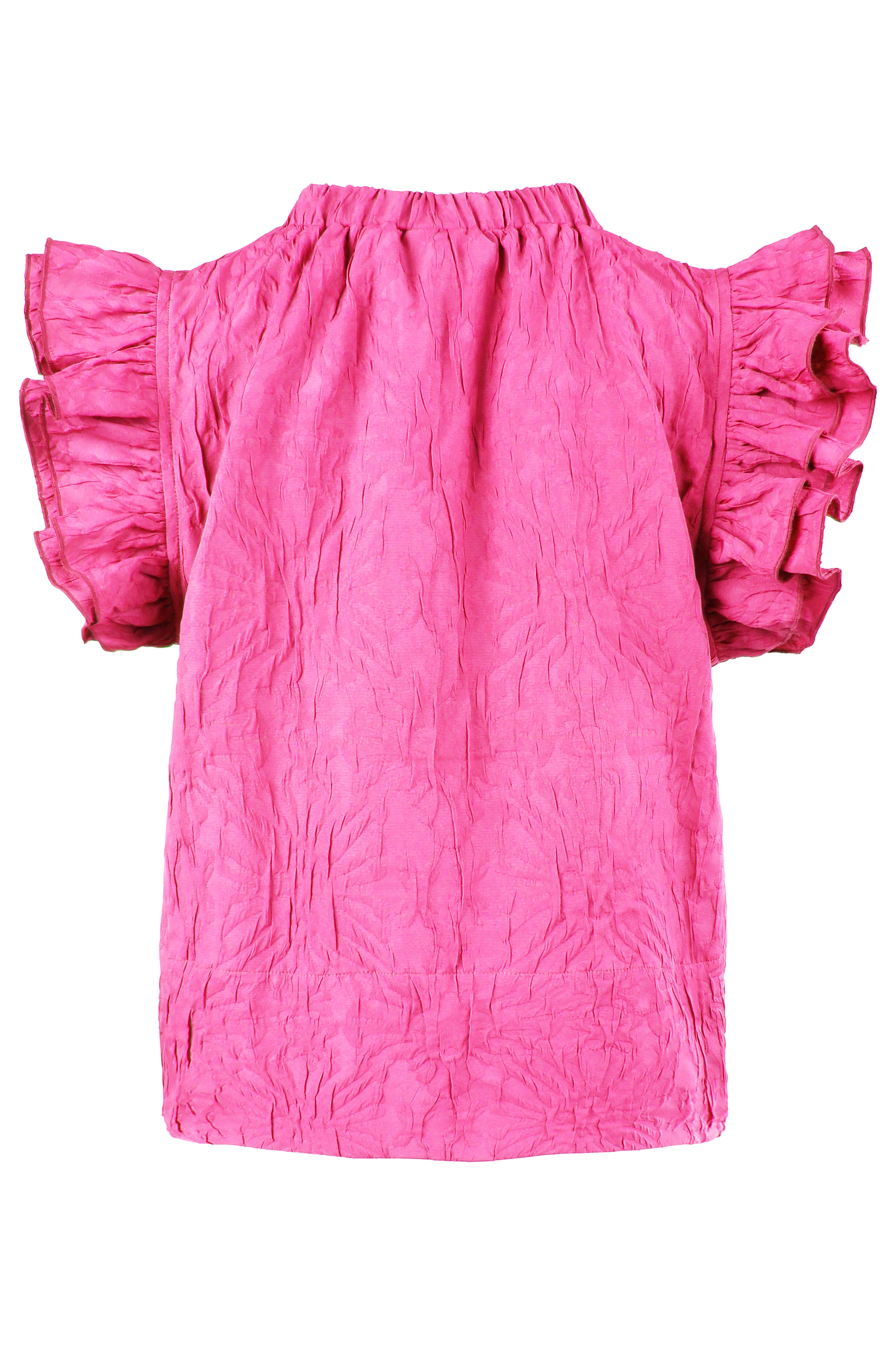 a rear view of finley remy, a ruffle sleeve pink blouse with jacquard pattern